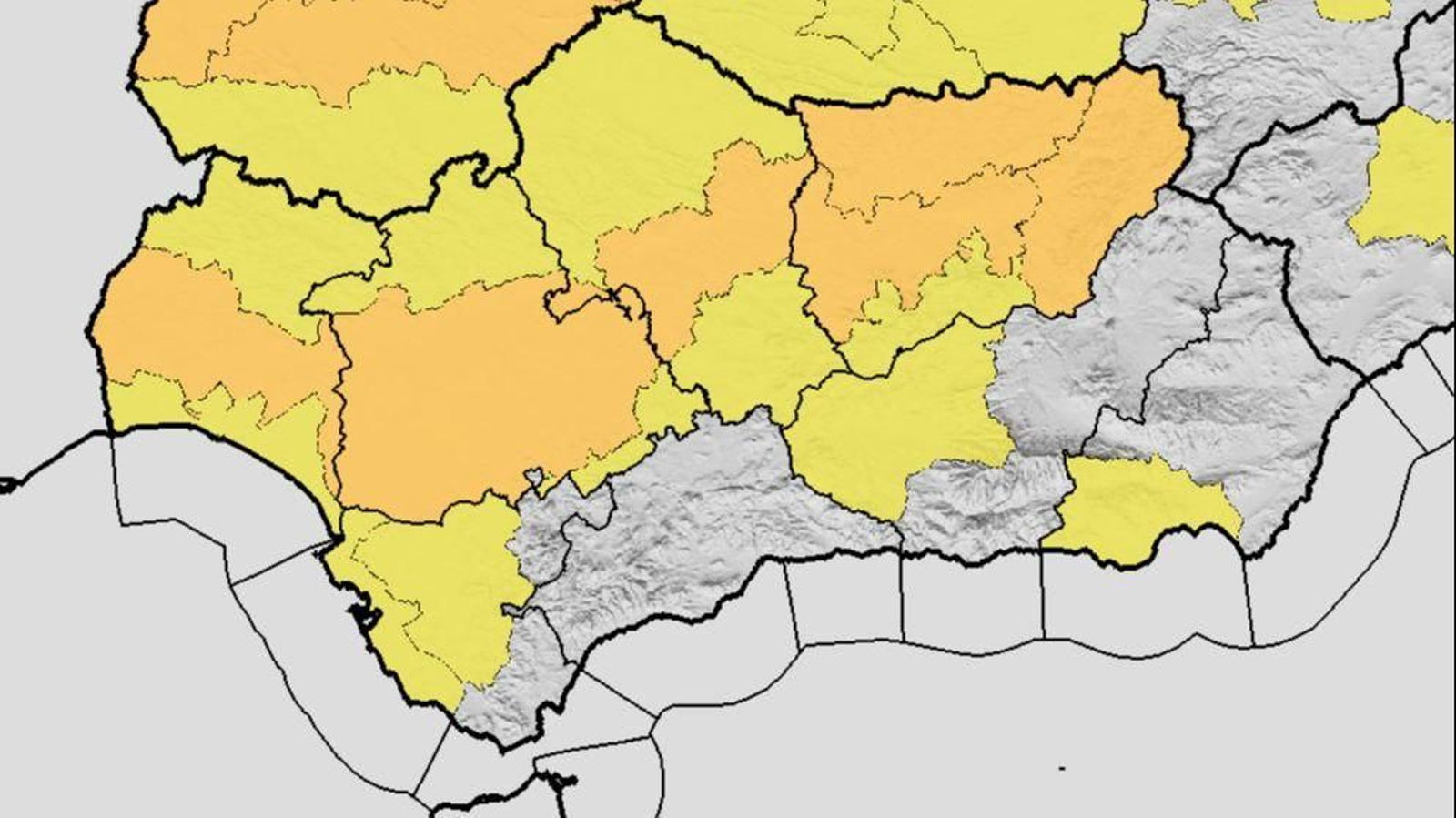 Mapa andaluz con las alertas previstas para este jueves.