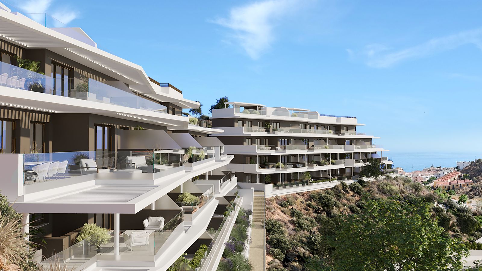 Terrazas de las viviendas de la nueva promoción Idilia Aire de AEDAS Homes en Rincón de la Victoria, Málaga.