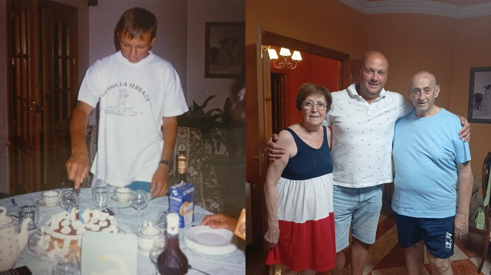 Andrey a la izquierda celebrando su cumpleaños en España y a la derecha con su familia de acogida de Torreperogil.
