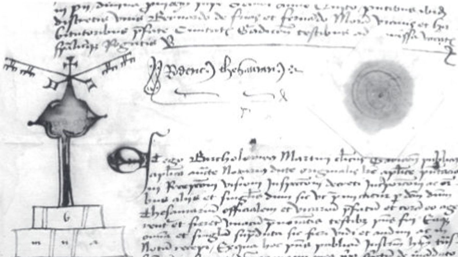 Signos de validación de la bula, donde destacan el signo notarial, la rúbrica de Rodericus, thesaurarius, y el sello de placa cuya leyenda es ilegible.