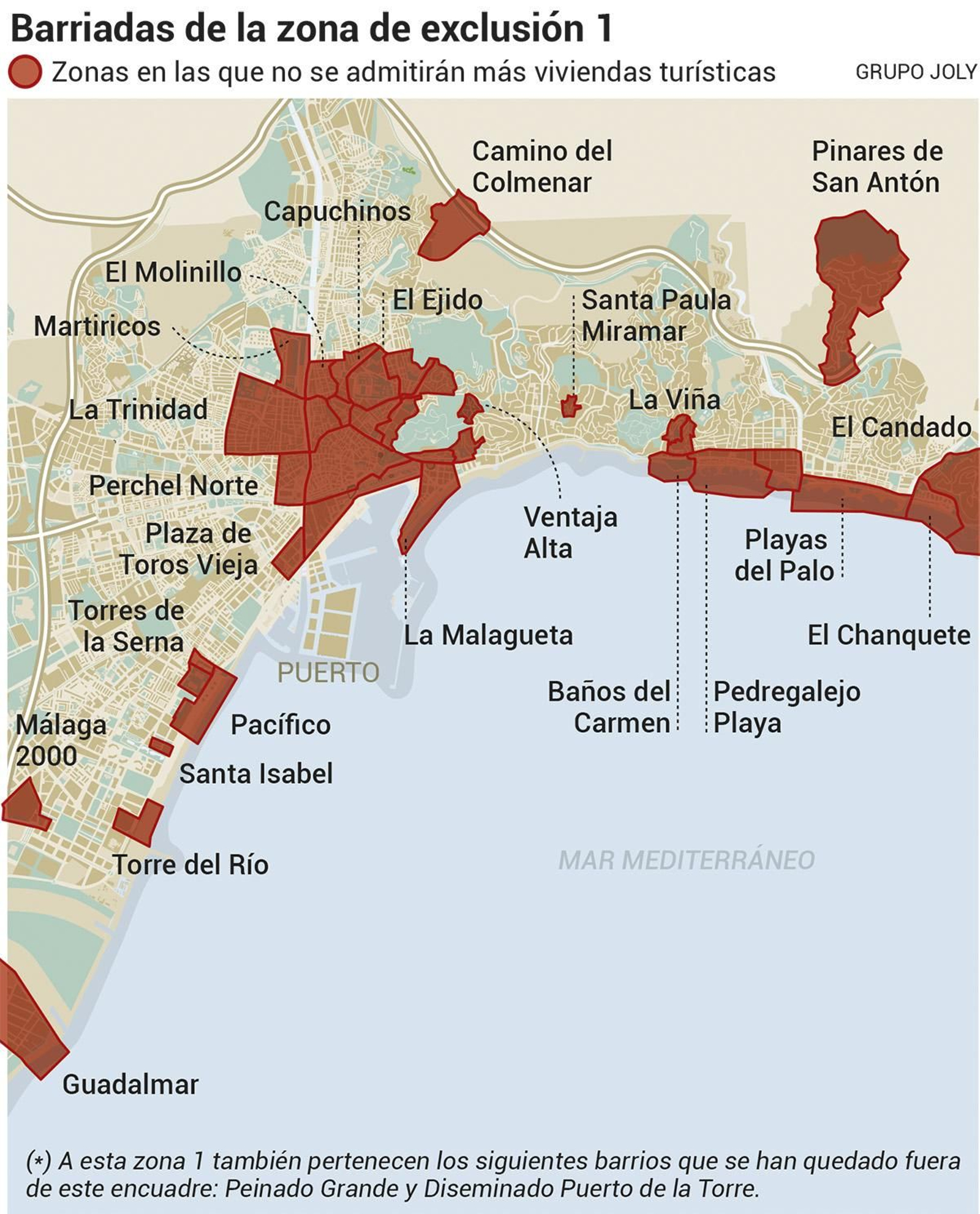 Mapa con las zonas de Málaga que no admitirán más viviendas turísticas. Fuente: Ayuntamiento de Málaga. Mapa con las zonas de Málaga que no admitirán más viviendas turísticas. Fuente: Ayuntamiento de Málaga.