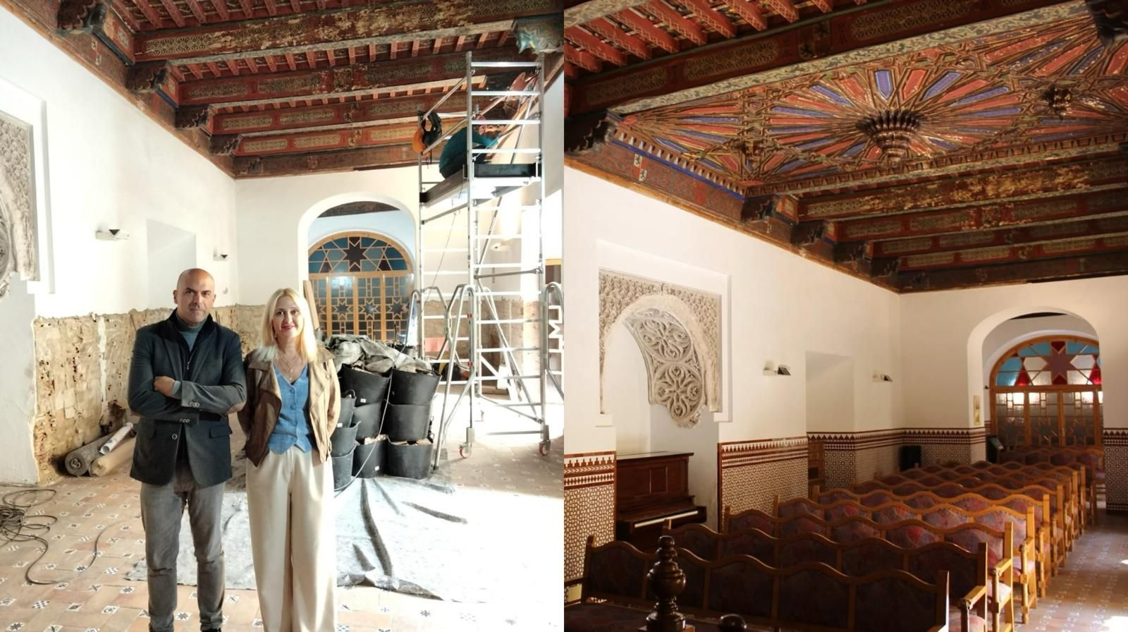 El Salón Mudéjar en obras a la izquierda y a la derecha antes de la intervención.
