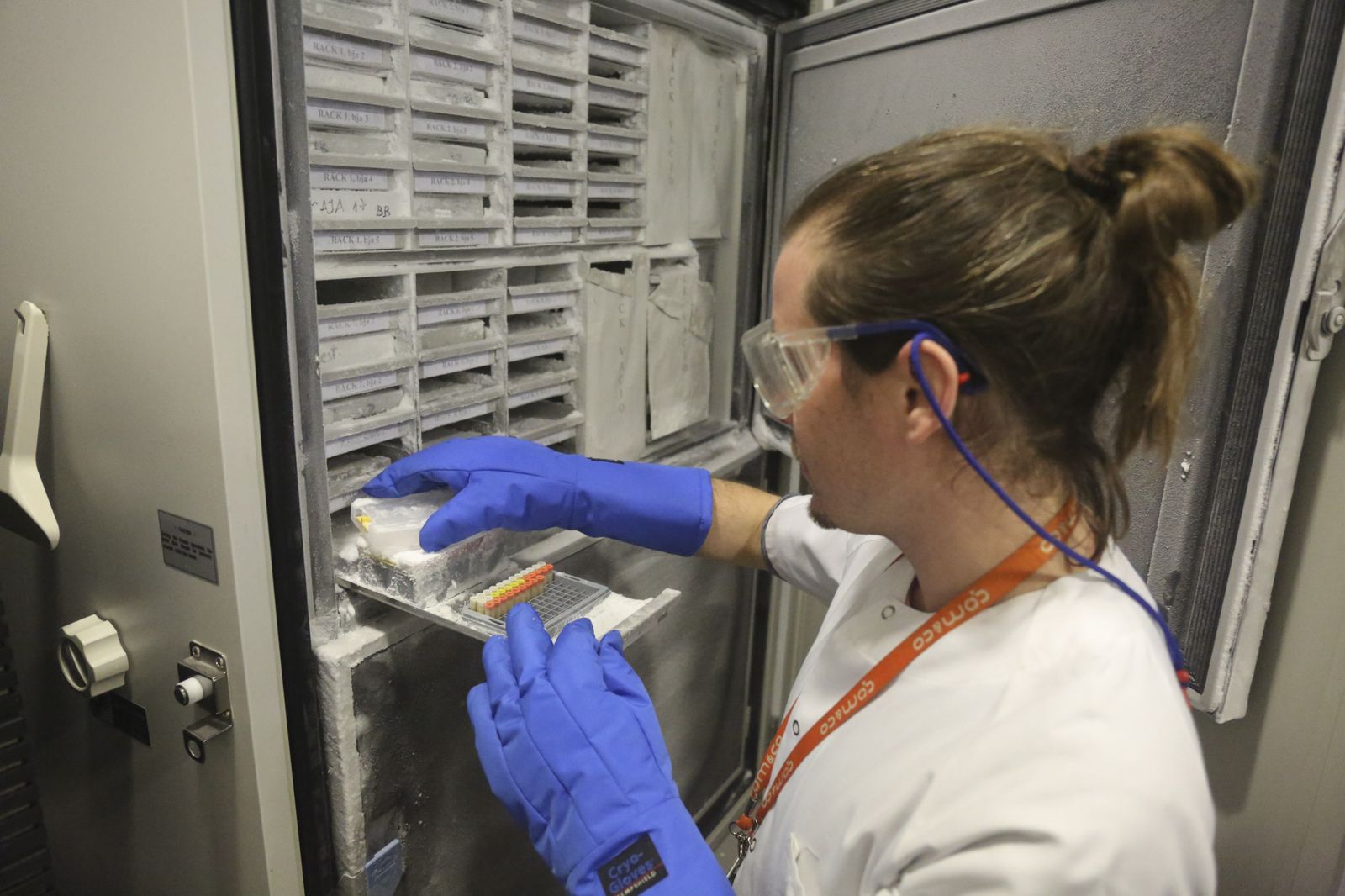 Álvaro Jiménez, técnico del Biobanco, extrae muestras de uno de los congeladores.