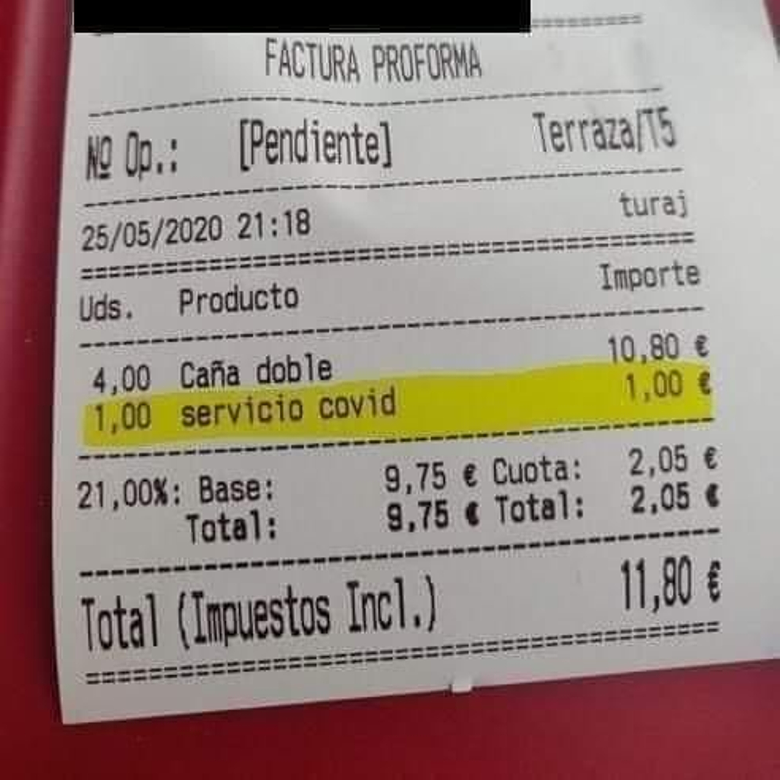 Tique del restaurante de Tenerife que cobró un euro por "servicio Covid".