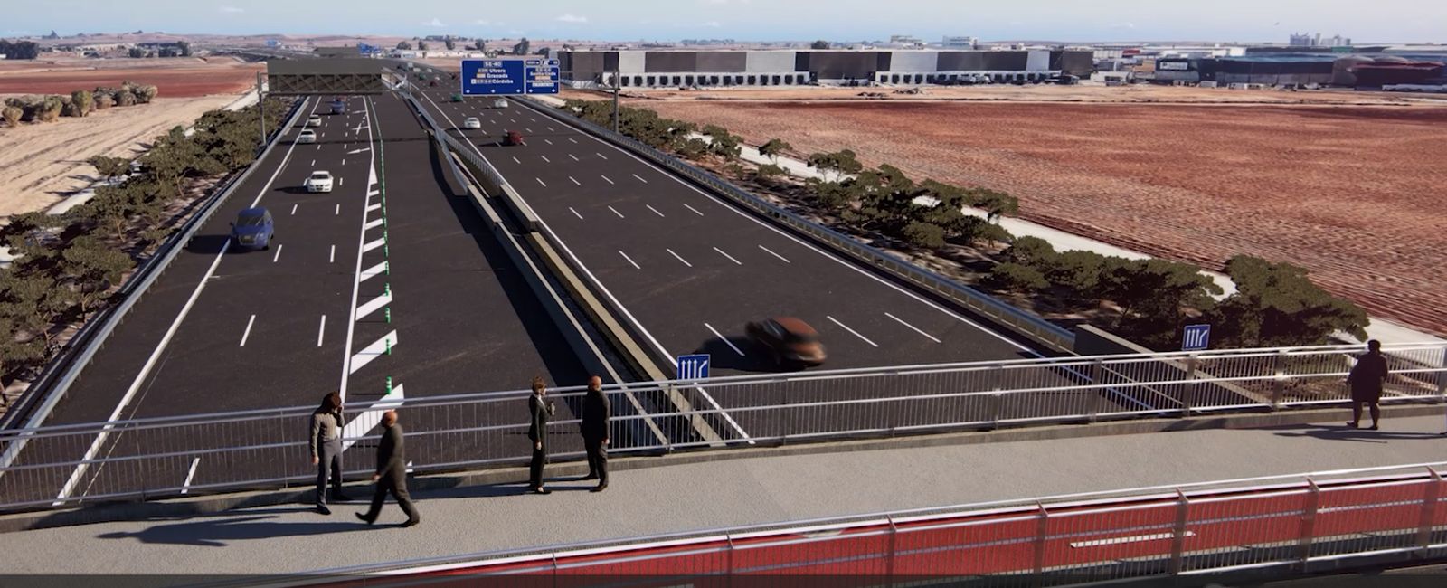 Recreación virtual de la pasarela peatonal y ciclista sobre el nuevo tramo de la SE-40.
