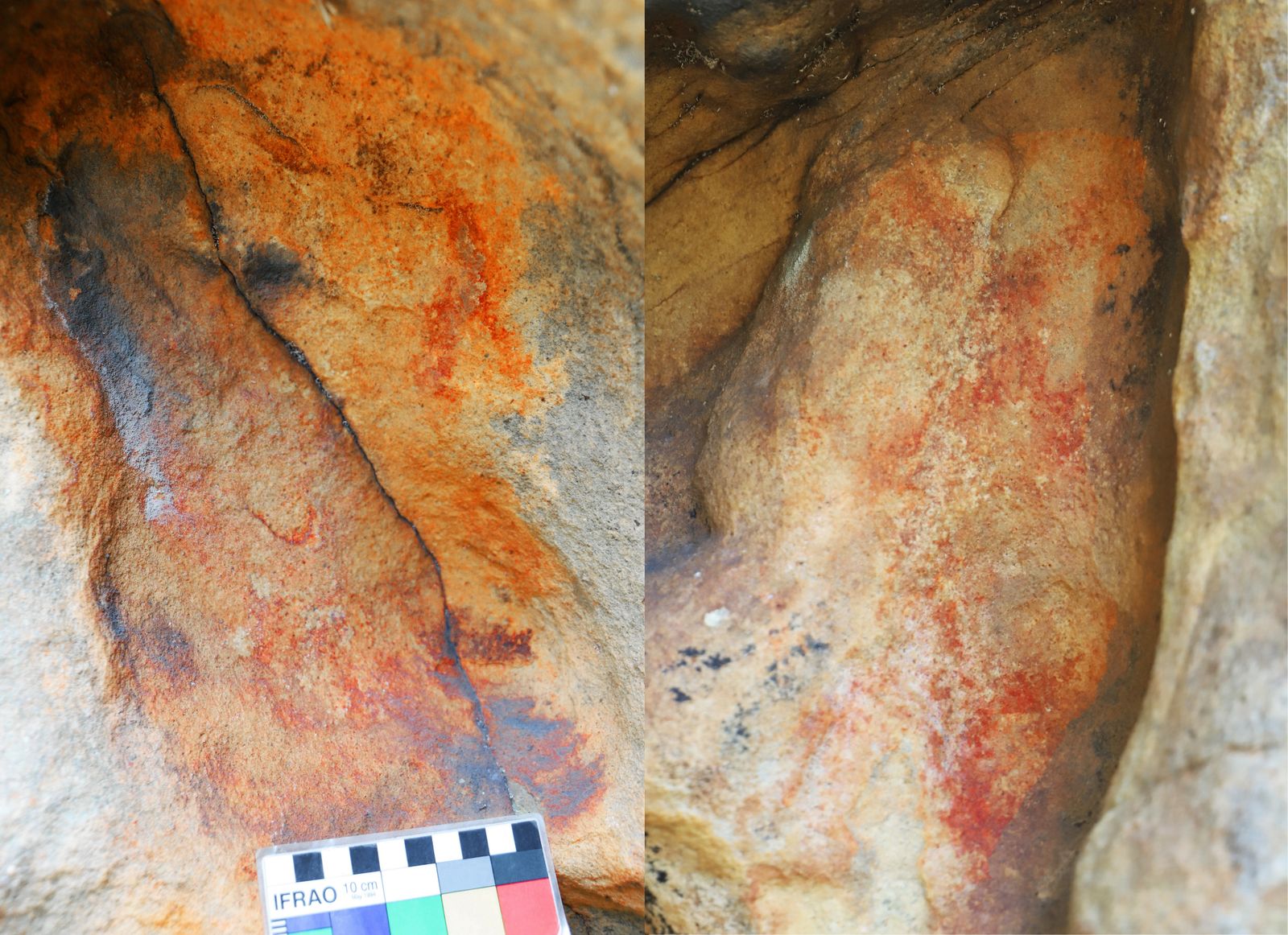 Algunas pinturas rupestres del abrigo del Chaparral I. Izqda: Asociación antropomorfo-zoomorfo. Dcha: Antropomorfos típicos.