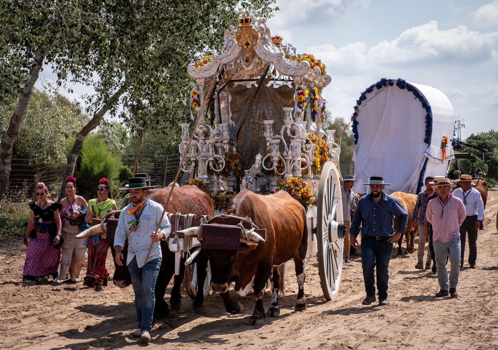 Rocieros de la Hermandad de Mairene del Aljaraque (Sevilla), acompañan a su Simpecado de camino  a la aldea almonteña de El Rocío  (Huelva).