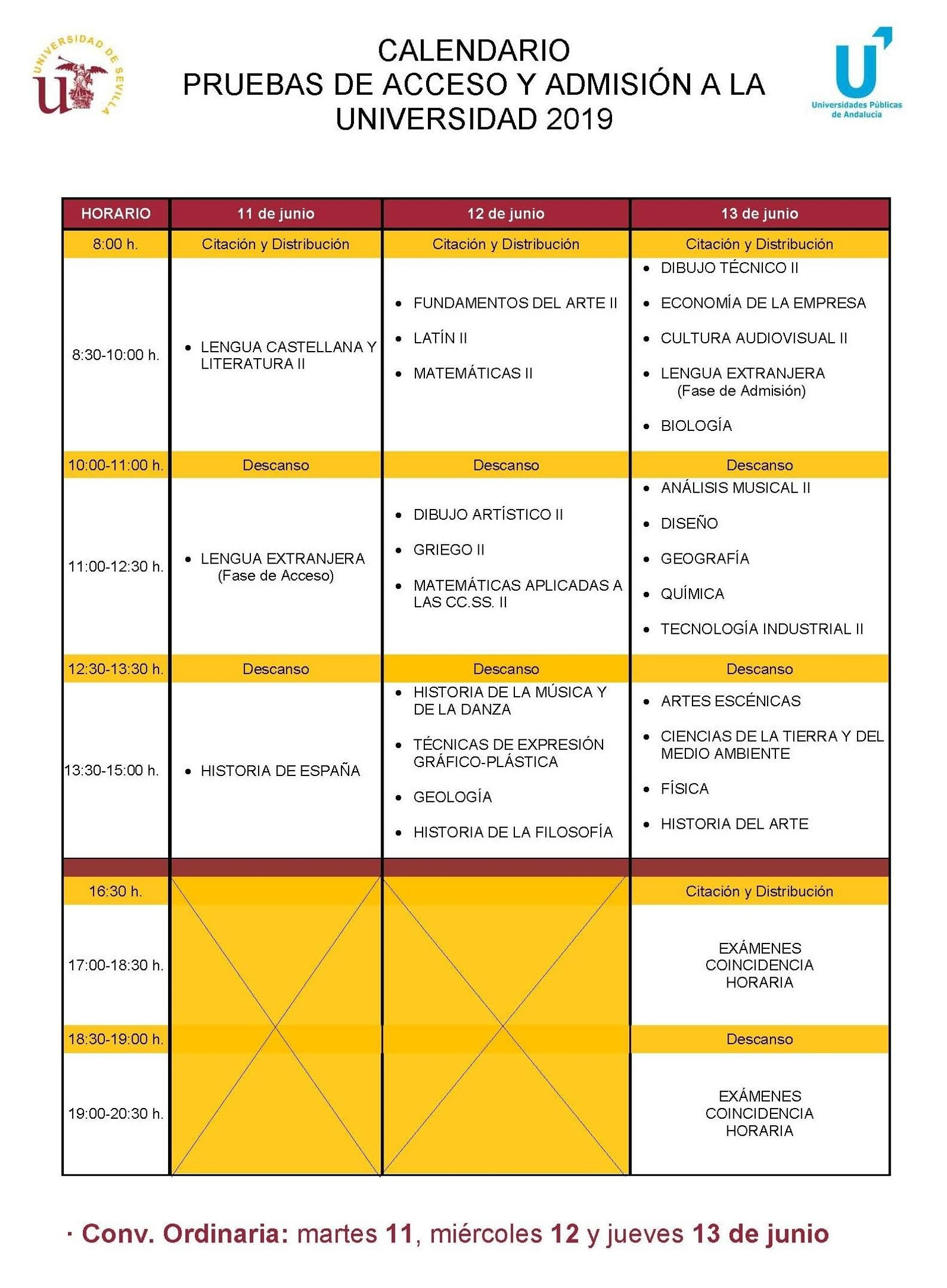 Calendario de la convocatoria de junio de la selectividad.