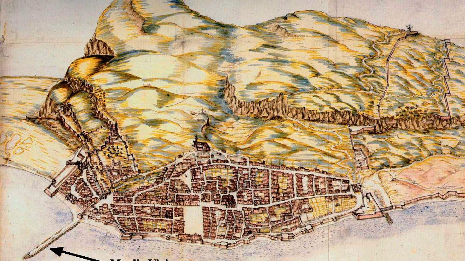 Las fortificaciones y el puerto de Gibraltar en un plano de 1627 levantado por Luis Bravo de Acuña. Con una flecha señalado el Muelle Viejo.