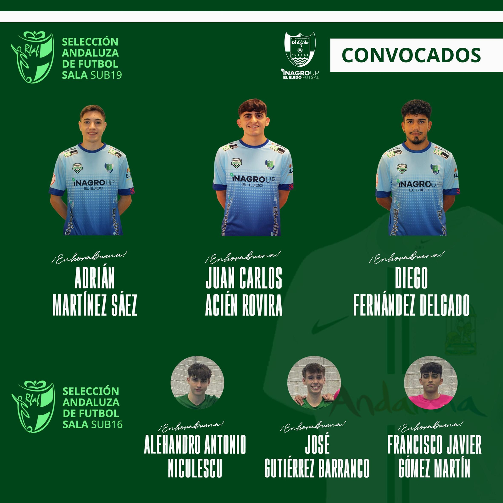 Cartel con los jugadores de El Ejido Futsal convocados para el Campeonato de España de Selecciones.