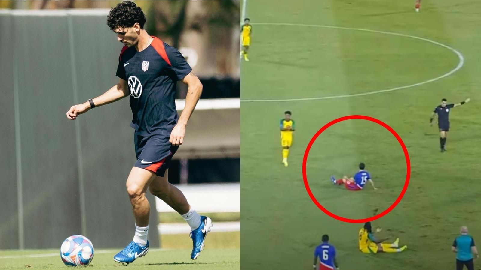 Johnny Cardoso entrenando con USA y a la derecha lesionado en el partido ante Jamaica