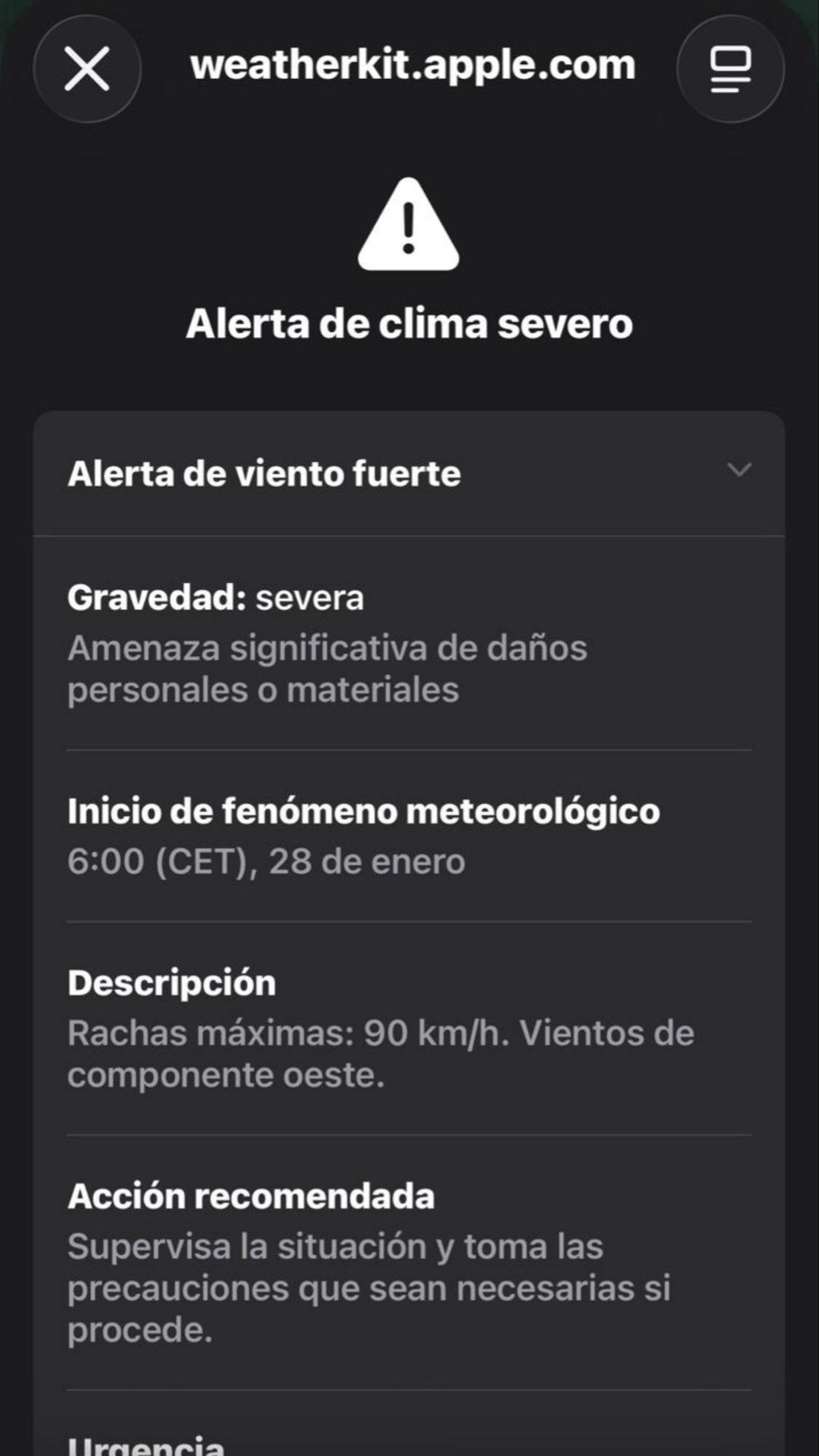 Ejemplo de una alerta de WeatherKit, este miércoles en Andalucía.