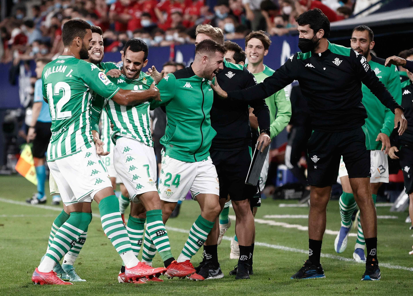 Los jugadores y el banquillo del Betis celebran el gol de Juanmi.
