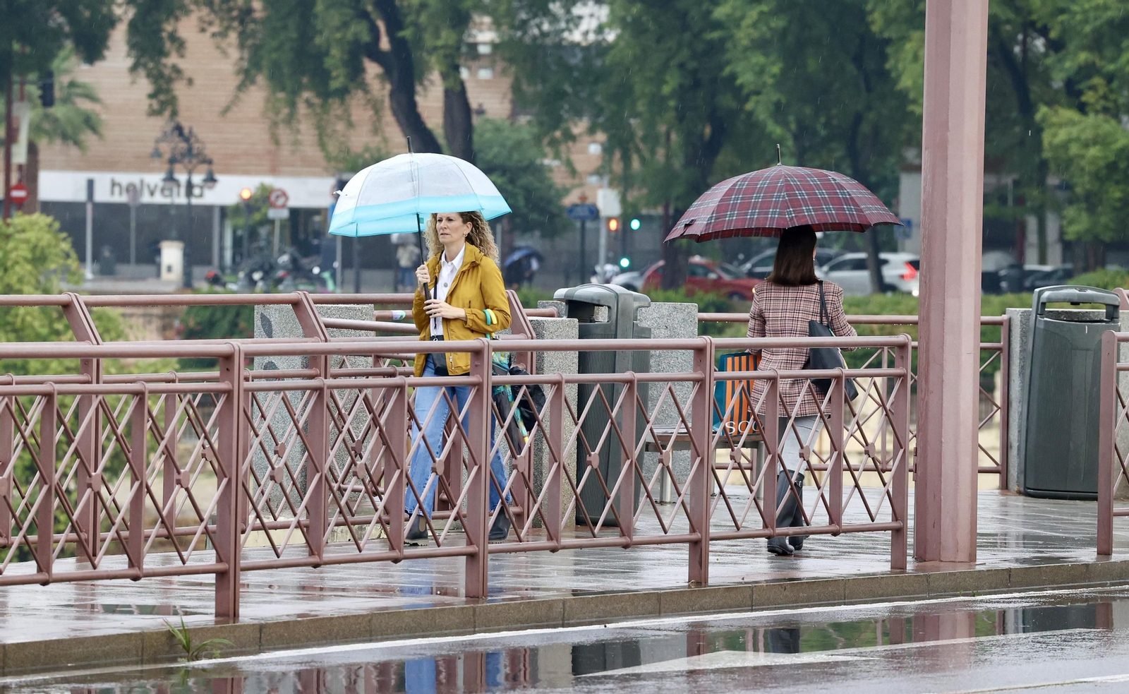 Dos mujeres con paraguas por la calle