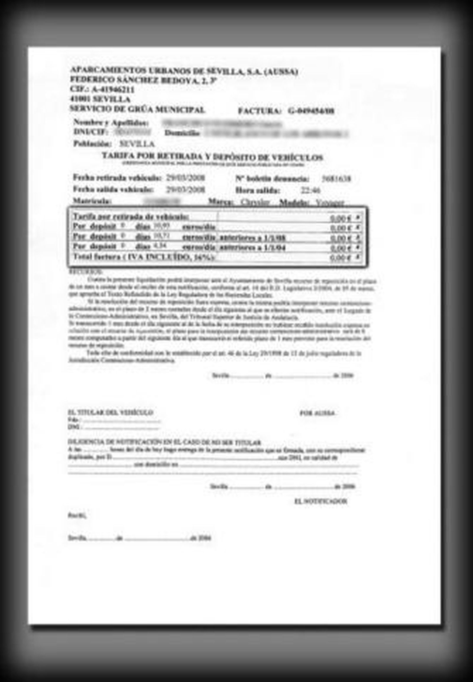 La factura de Aussa en la que se especifica el coste cero del servicio.