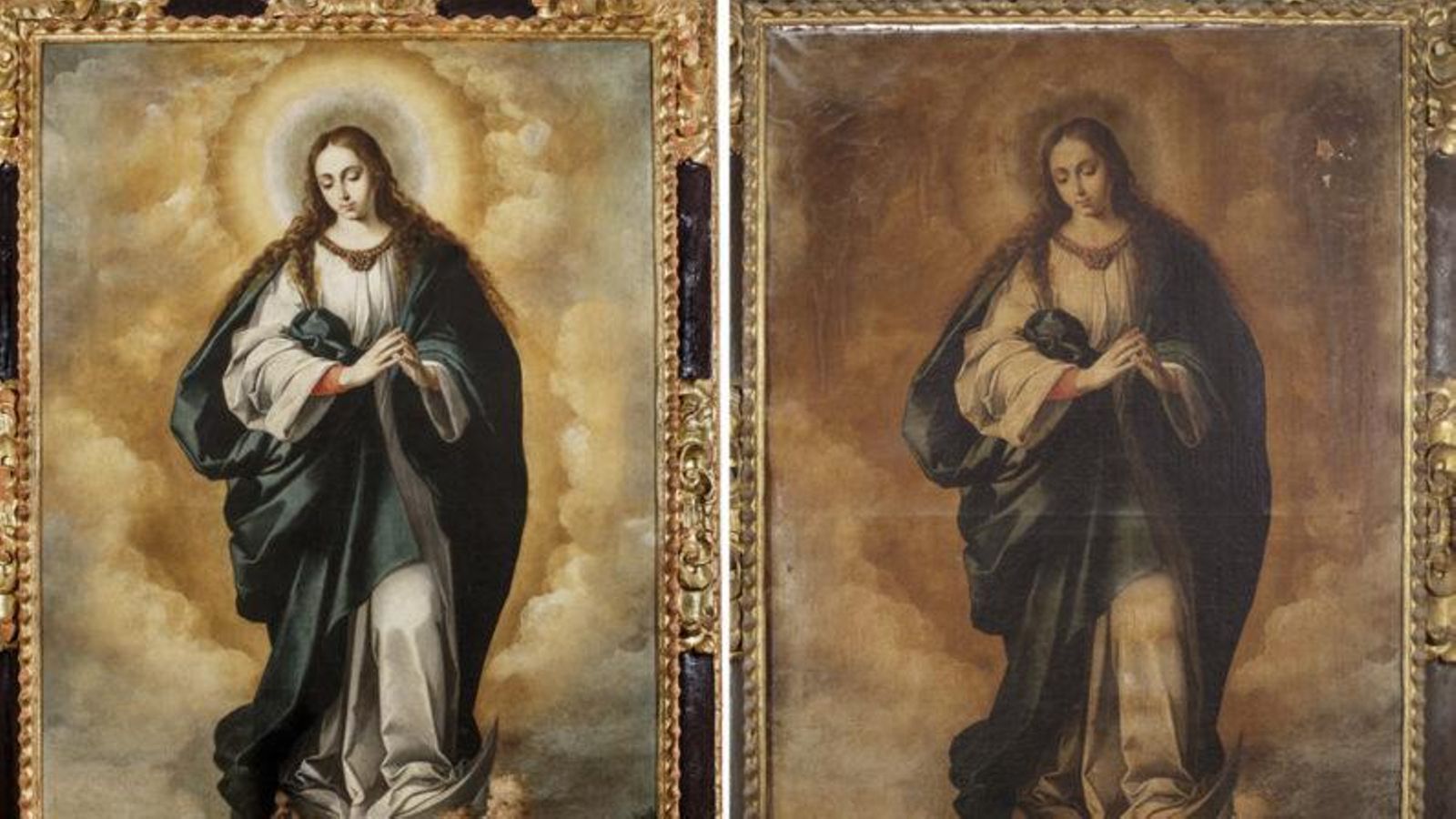 La pintura antes y después de su restauración.