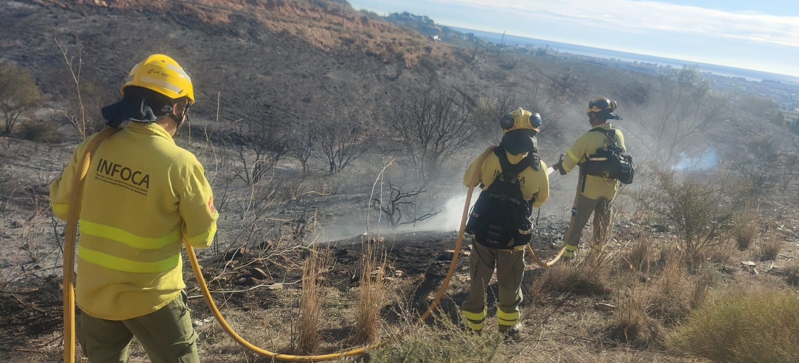 Bomberos sofocando el incendio de la pasada Nochevieja en Mijas.