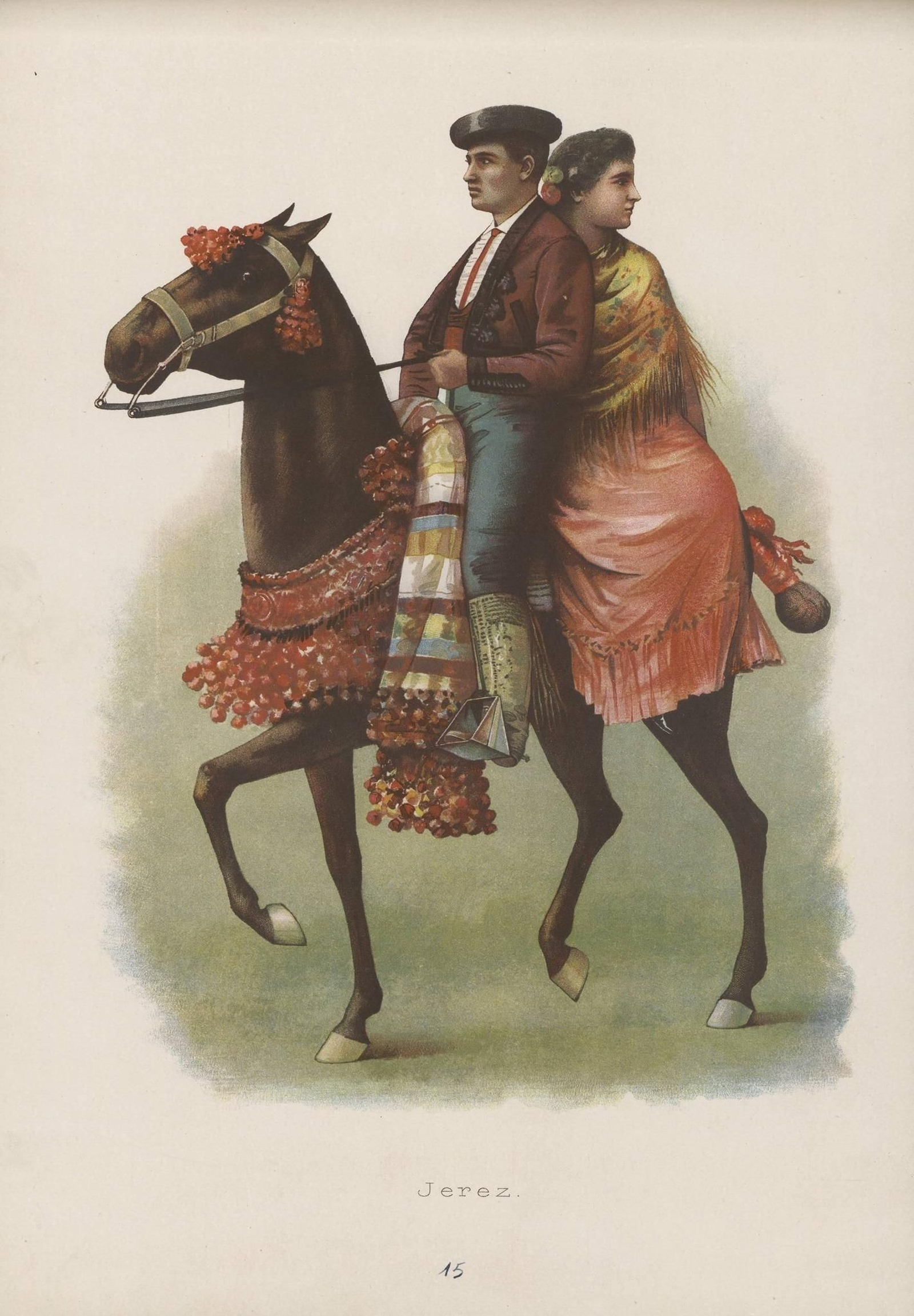 Postal con jerezanos a caballo, siglo XIX.