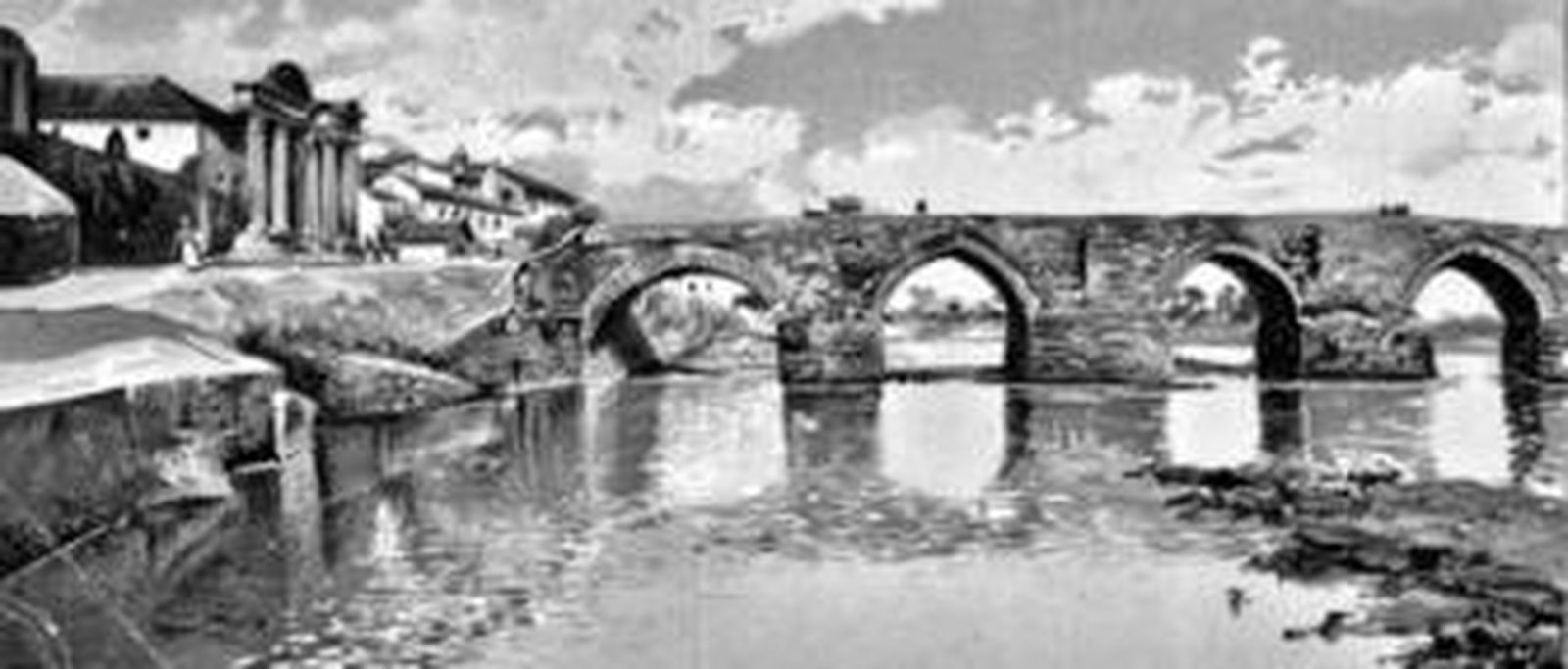 Postal coloreada de finales del siglo XIX en la que se aprecia la pendiente que ha recuperado el Puente Romano en la margen derecha.