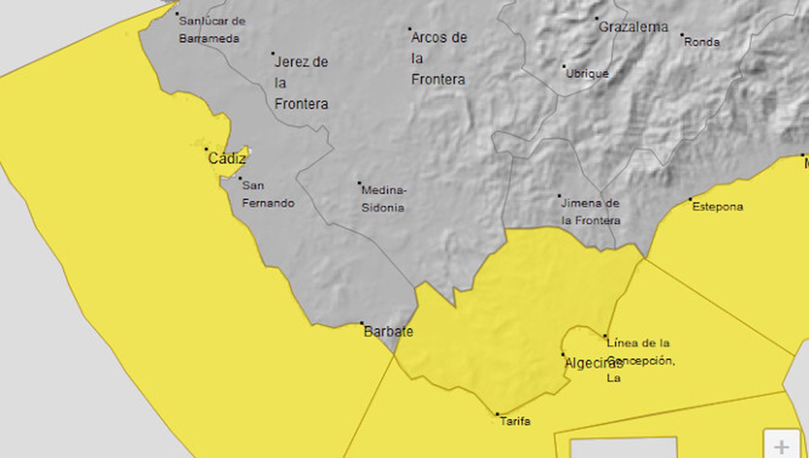 Mapa de avisos activos en Cádiz este martes.