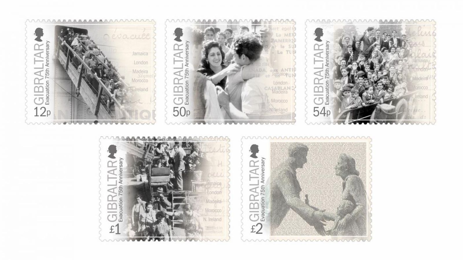 Serie de cinco sellos sobre la Evacuación en el 75 aniversario (2014). Serie de cinco sellos sobre la Evacuación en el 75 aniversario (2014).