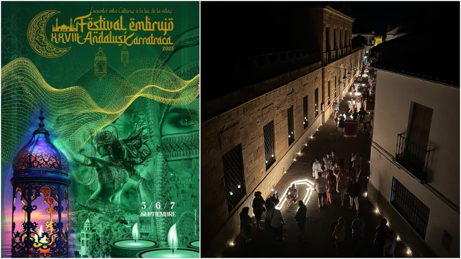 Una edición pasada del Festival Embrujo Andalusí de Carratraca y el cartel de este año.