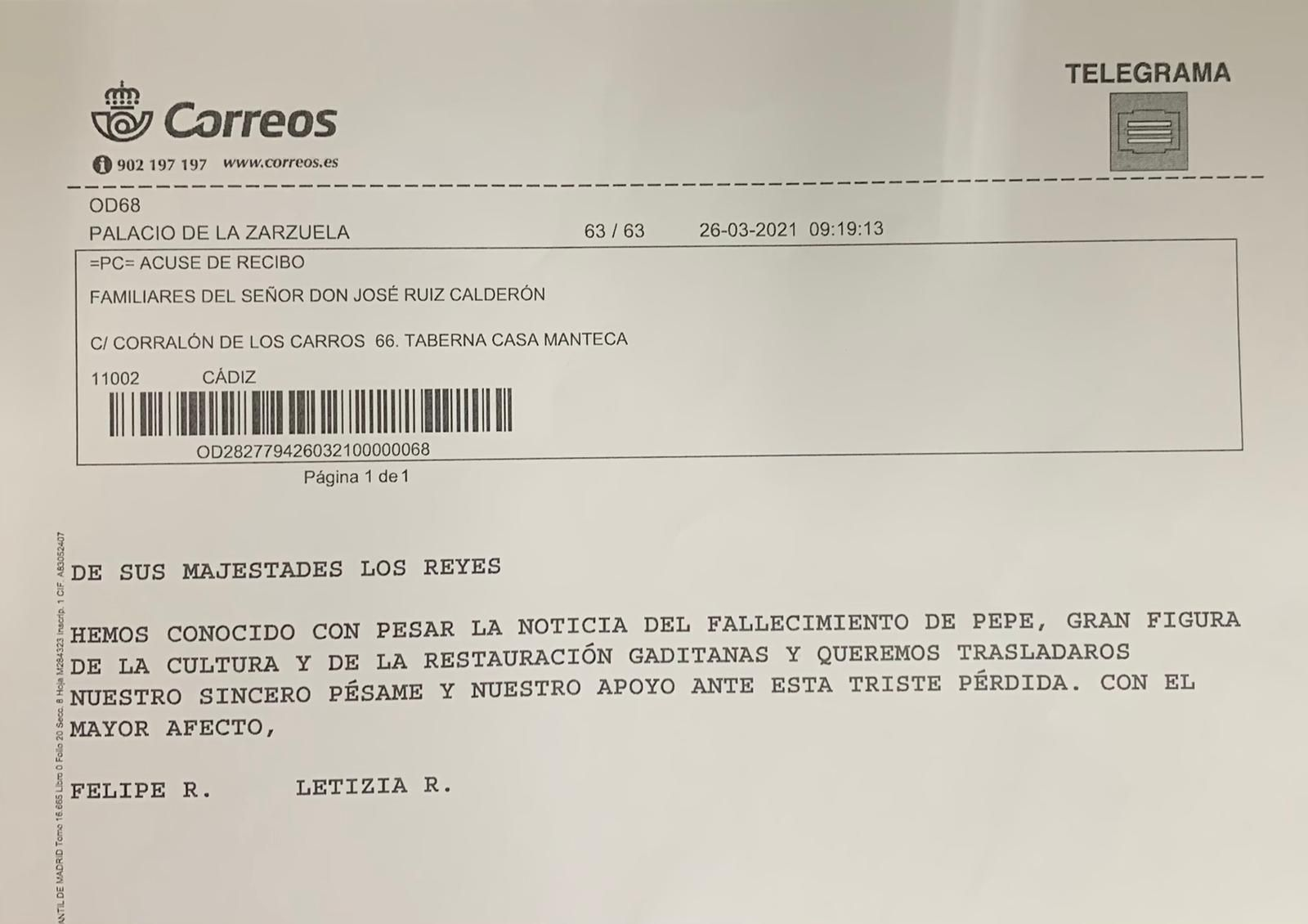Telegrama de pésame de la Familia Real por la muerte de Pepe Manteca