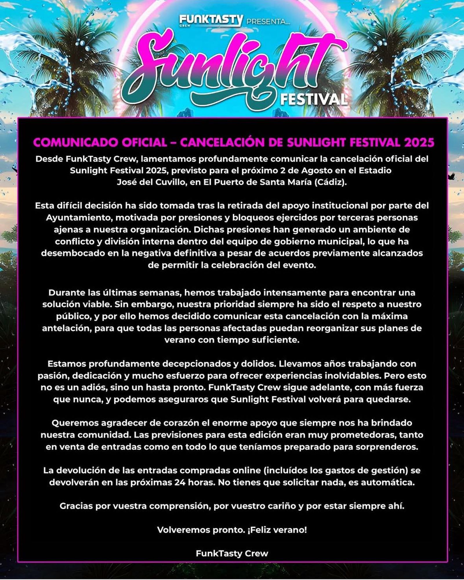 Imagen del comunicado sobre la cancelación del 'Sunlight Festival' emitido por Funktasty Crew.