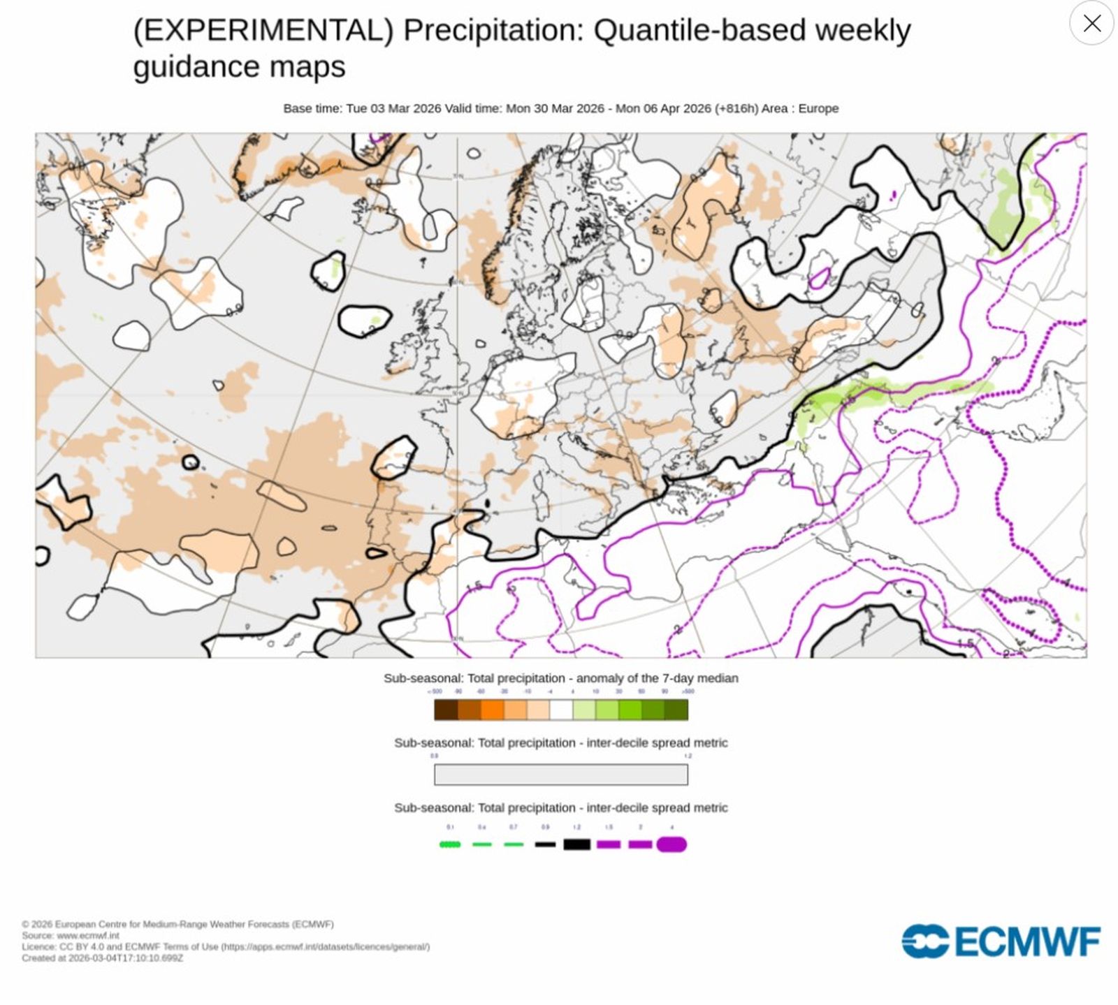 Modelo de precipitaciones en Europa entre el 30 de marzo y el 6 de abril