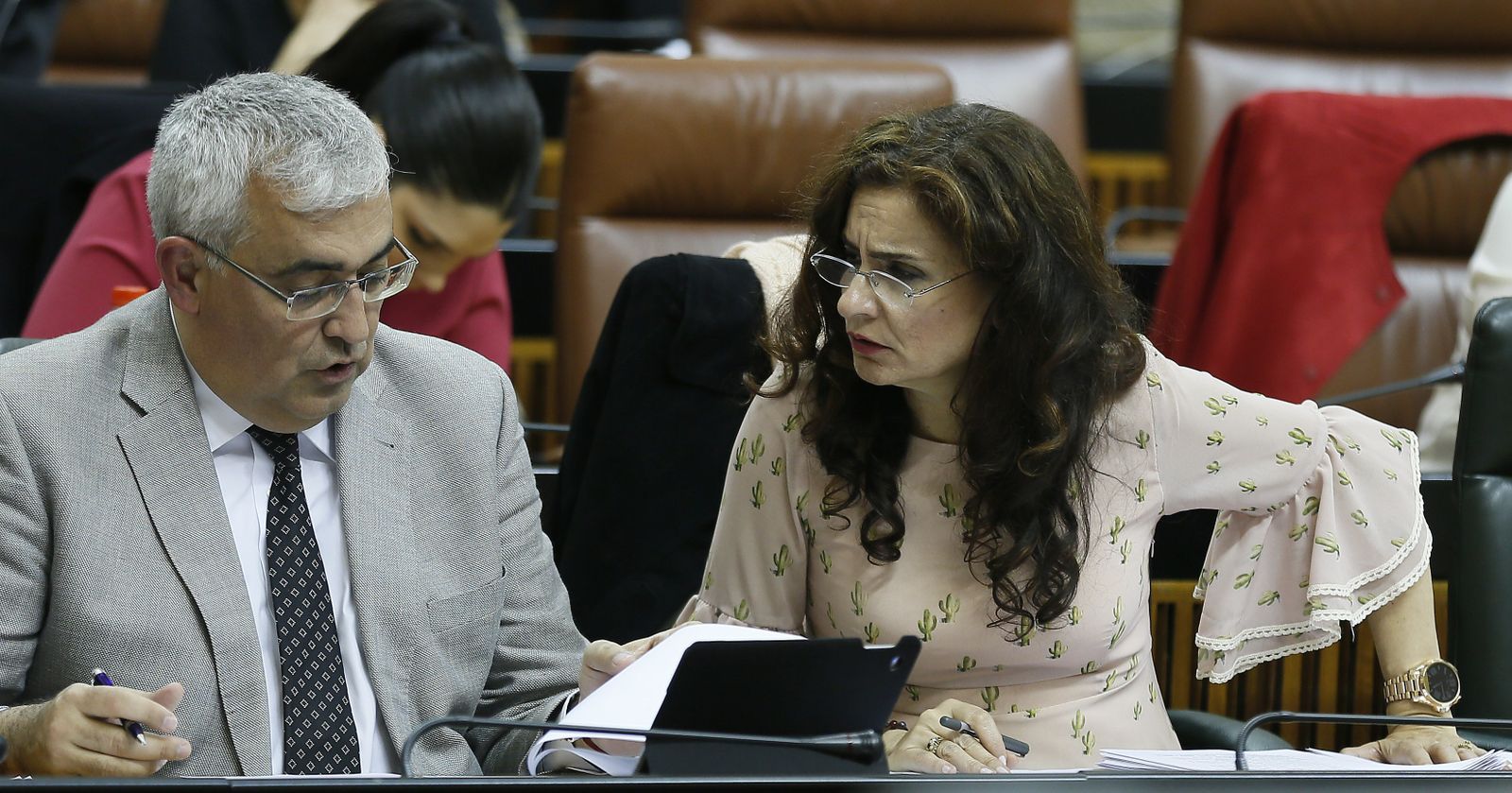 El consejero de Economía, Antonio Ramírez de Arellano, y su homóloga de Hacienda, María Jesús Montero, en un pleno en el Parlamento.