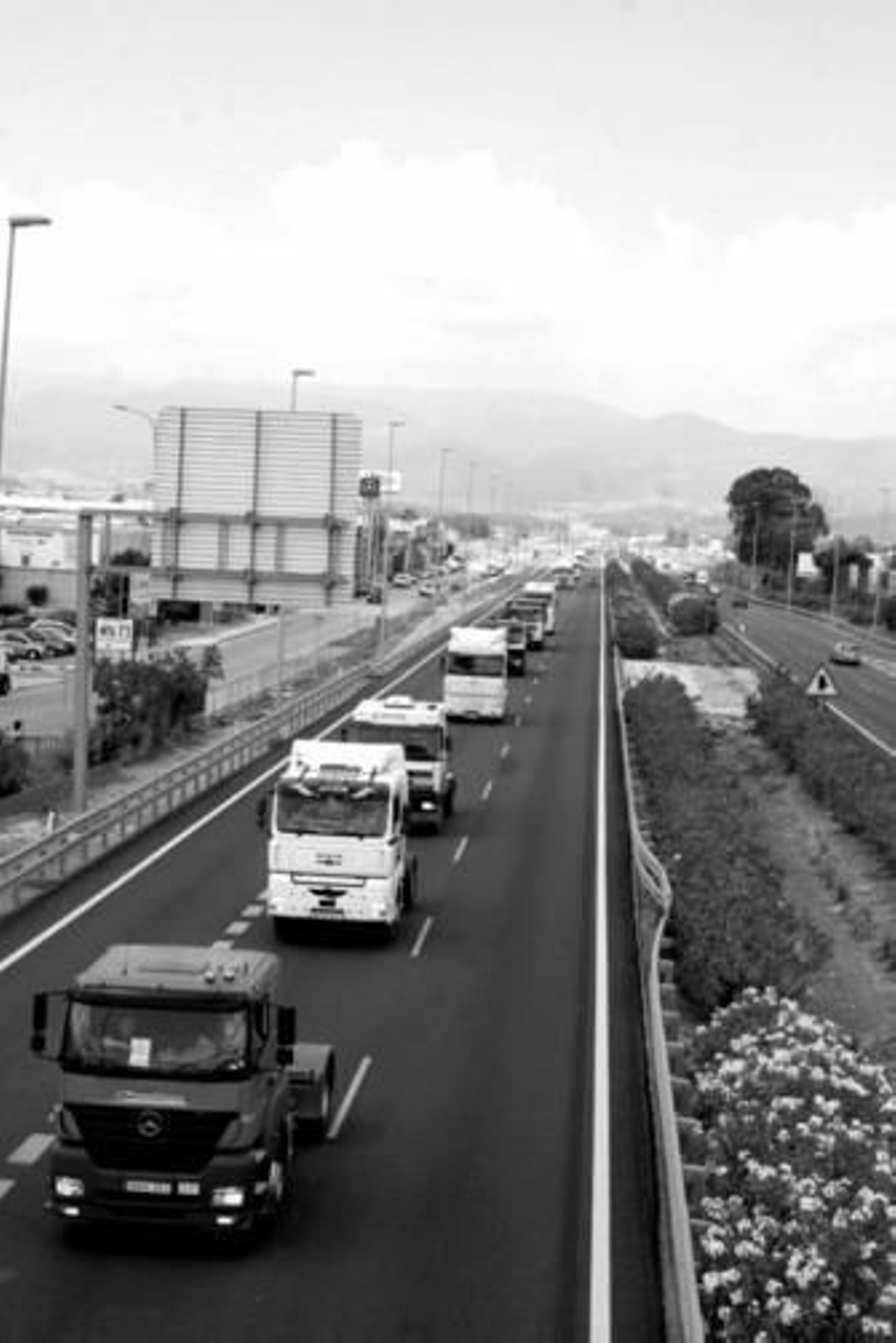 Los camioneros que realizaron huelga ayer, a su paso por Palmones.
