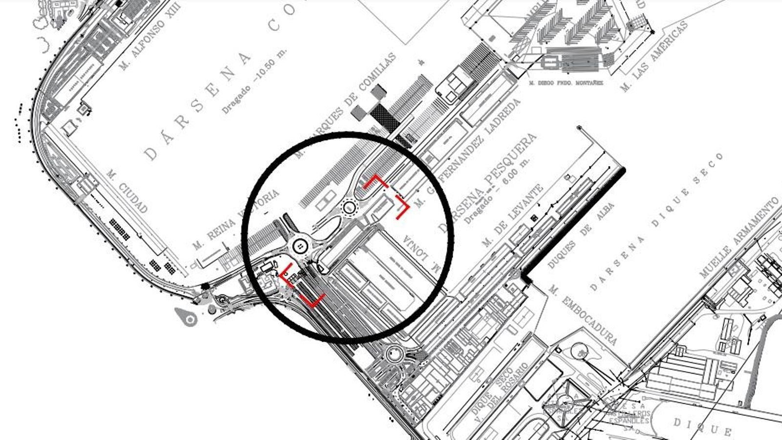 Plano incluido en el proyecto de la Autoridad Portuaria de la Bahía de Cádiz en el que se ubica la localización exacta del futuro estacionamiento para caravanas en el interior del puerto de Cádiz.