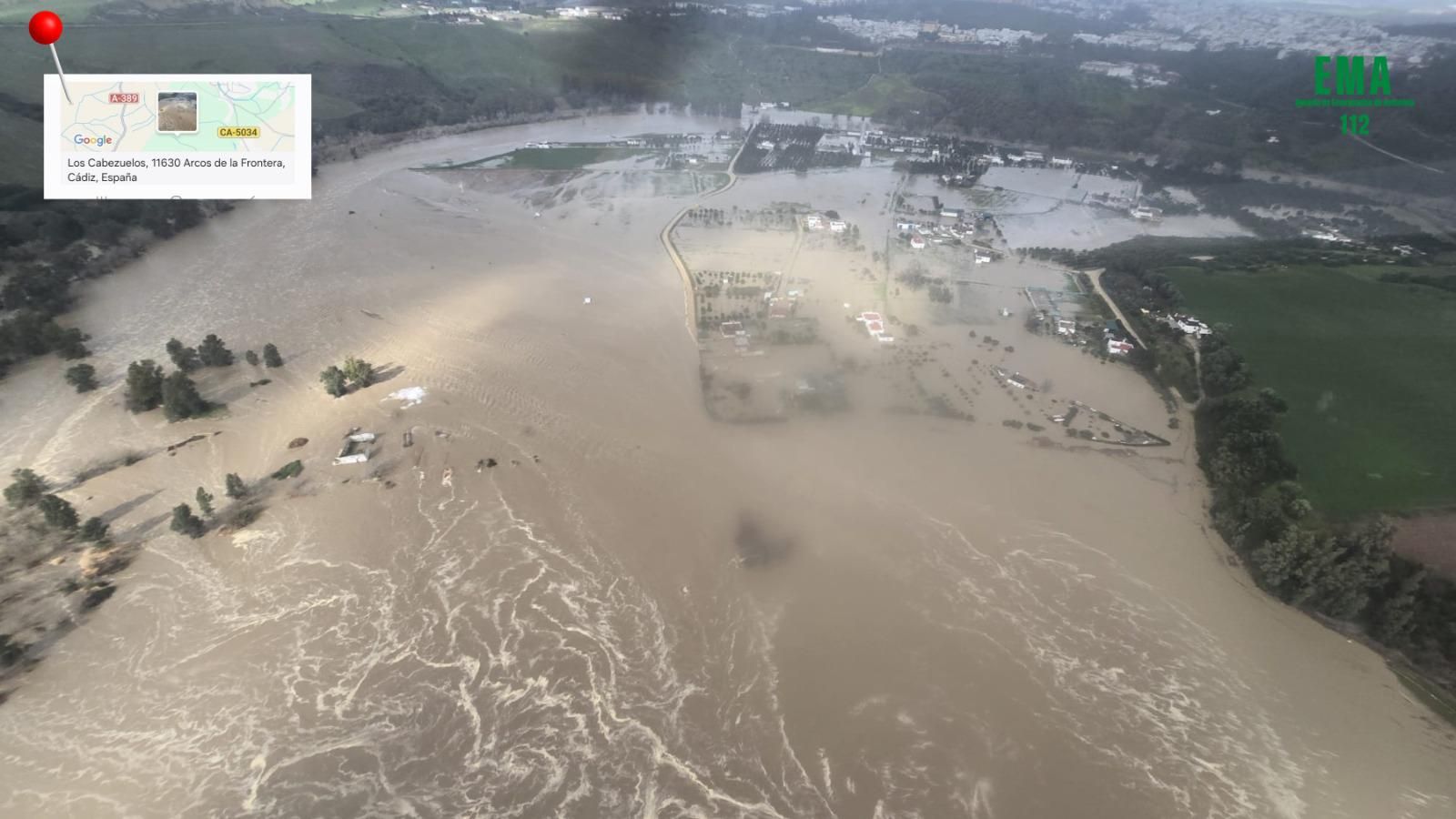 Así se ve desde el aire el desbordamiento del río Guadalete en Jerez, El Puerto, Arcos y la Sierra