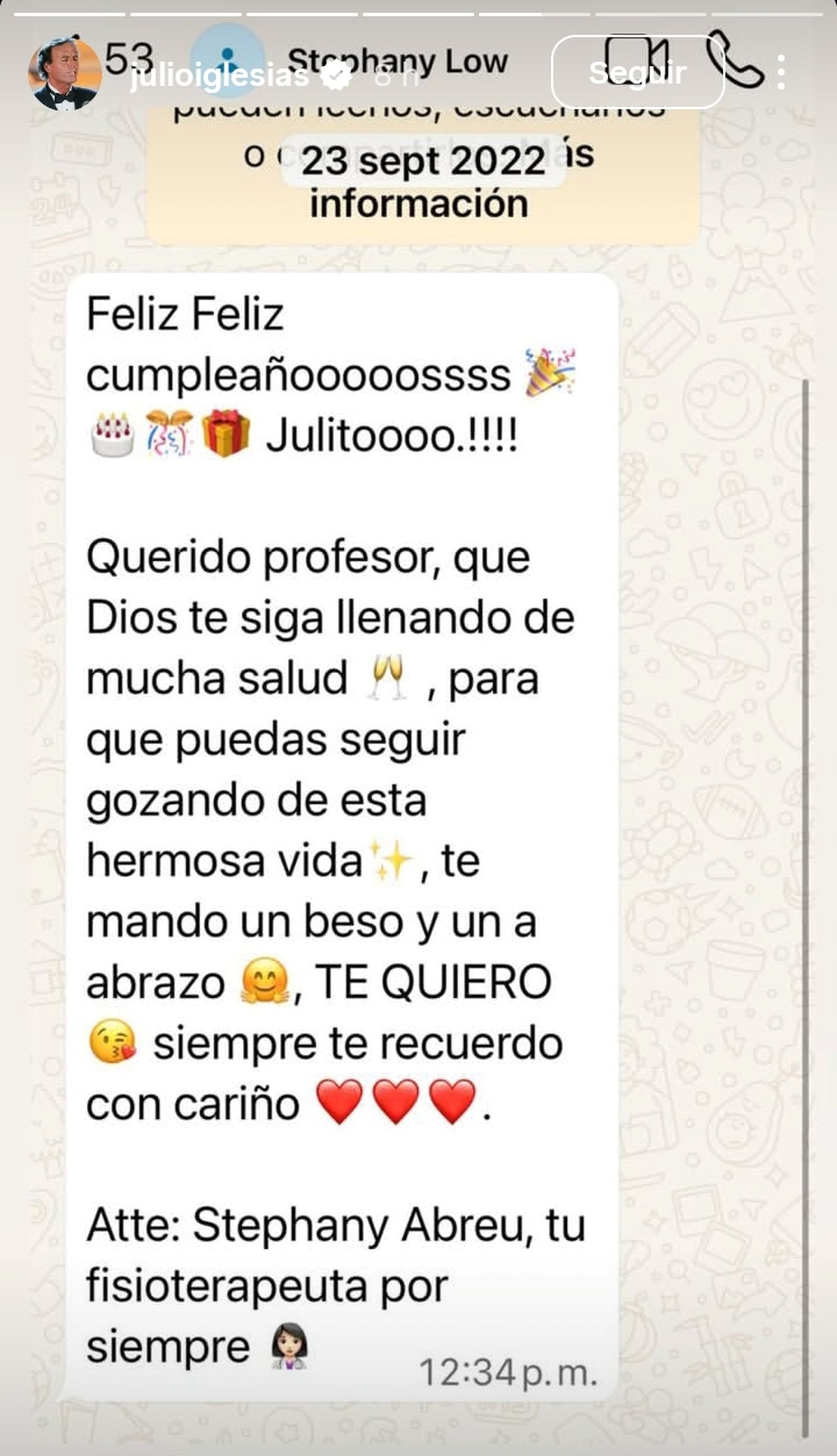 Captura de una conversación en la que le felicitan por su cumpleaños.