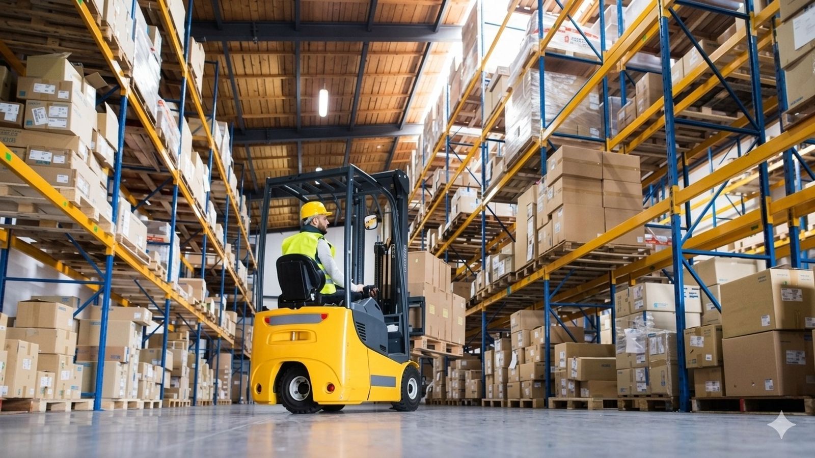 Un mozo carretillero trabajando en un almacén