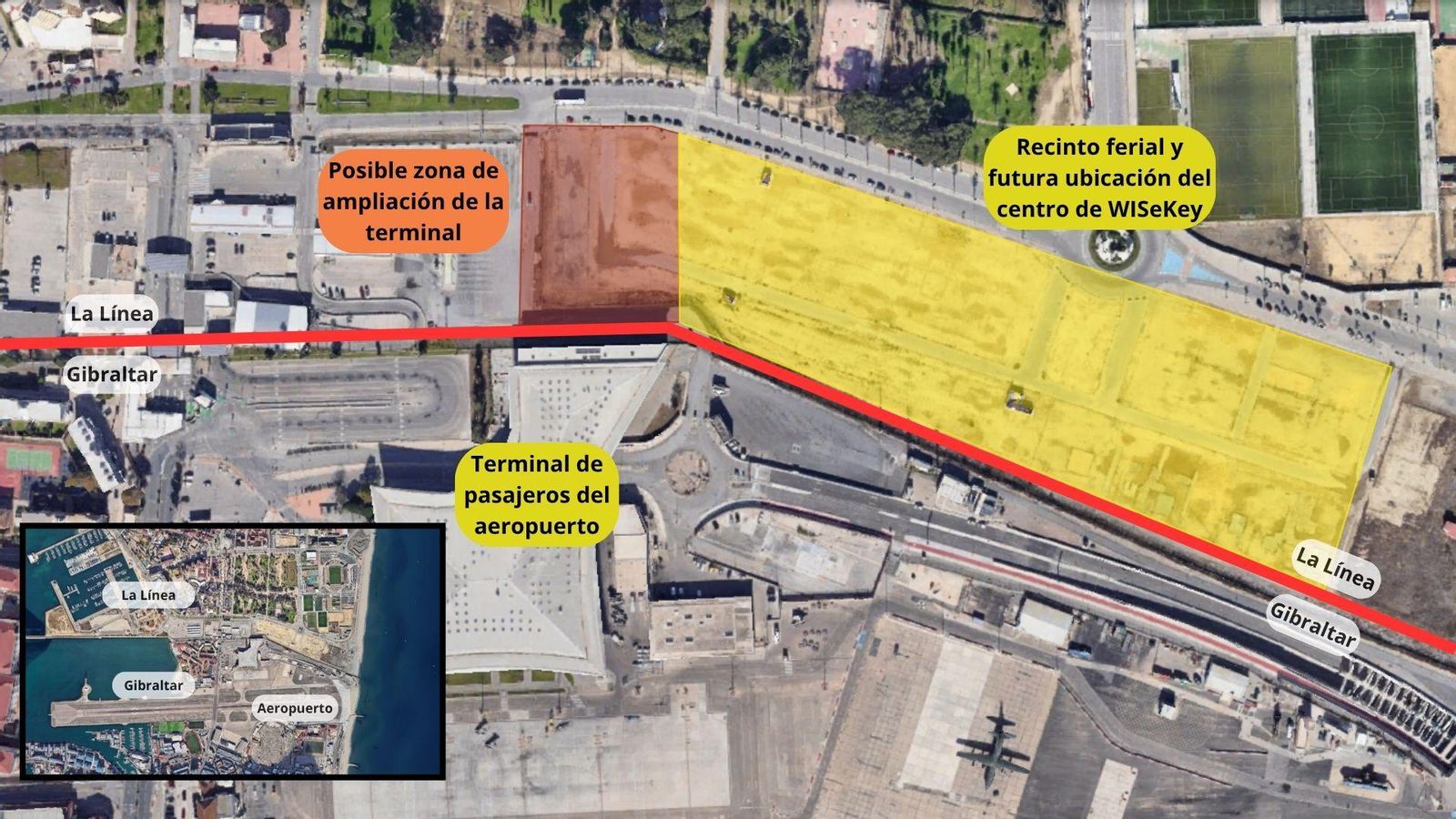 Infografía de la ubicación del futuro centro de WISeKey en La Línea, junto a la frontera con Gibraltar Infografía de la ubicación del futuro centro de WISeKey en La Línea, junto a la frontera con Gibraltar