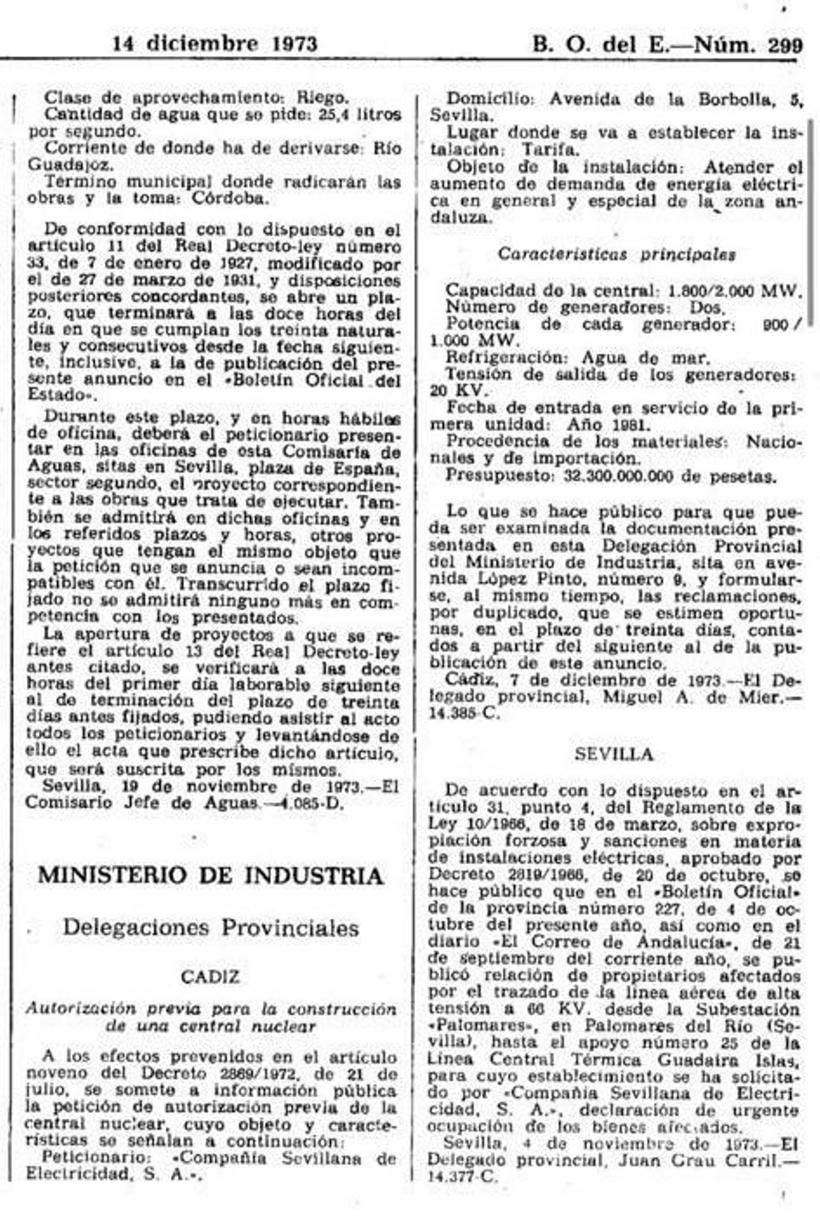Resolución del BOE de 1973 para la central nuclear de Tarifa.