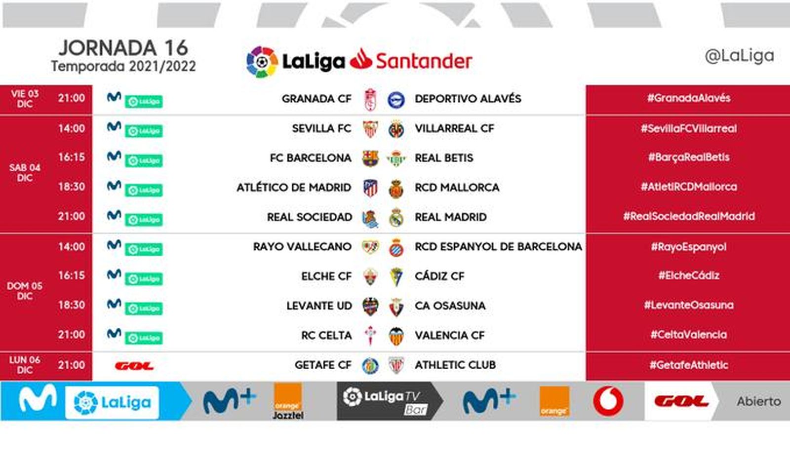 Horarios de la decimosexta jornada.