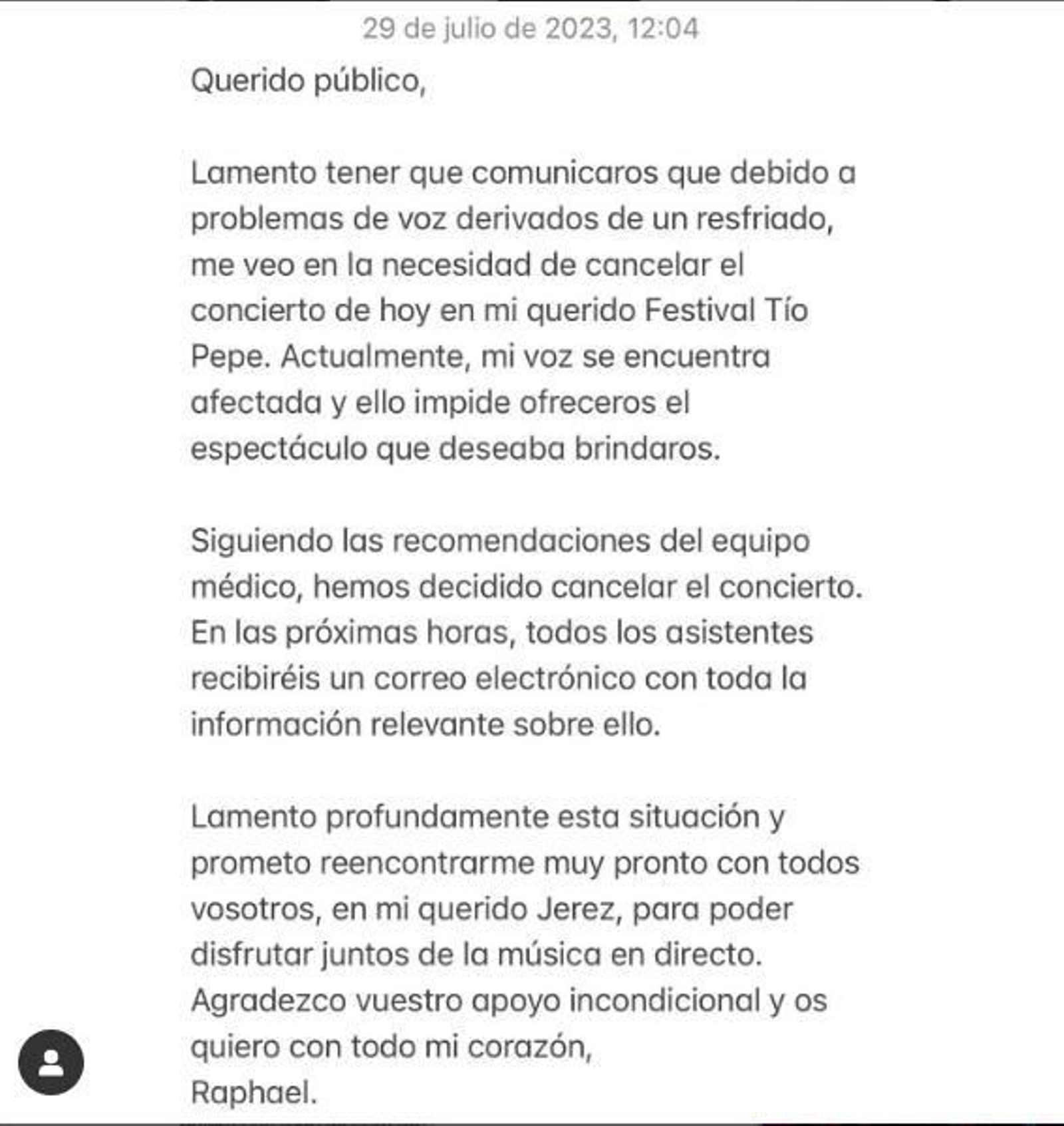 Comunicado de Raphael en Instagram.