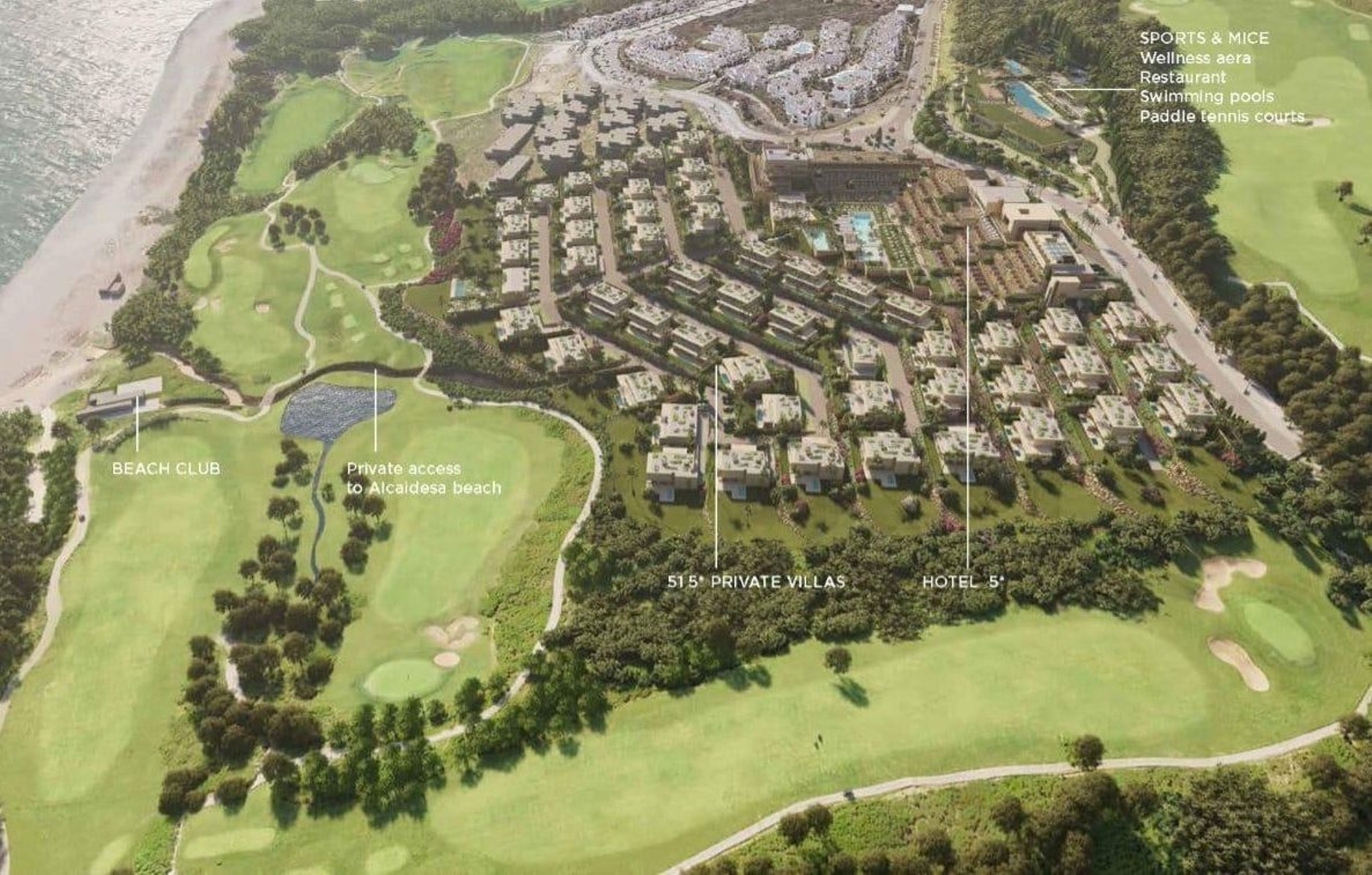 Vista aérea con la distribución de los espacios del Hotel Fairmont La Hacienda Costa del Sol en La Alcaidesa.