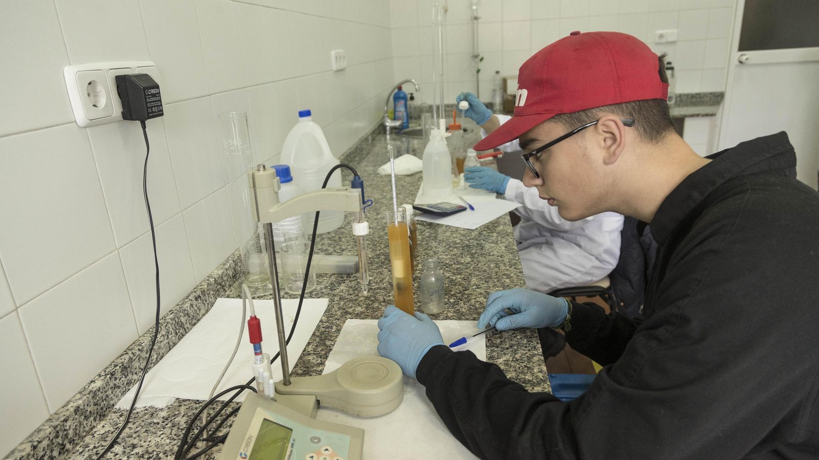 Un joven realiza prácticas de FP Dual en el laboratorio de una cooperativa de aceite.
