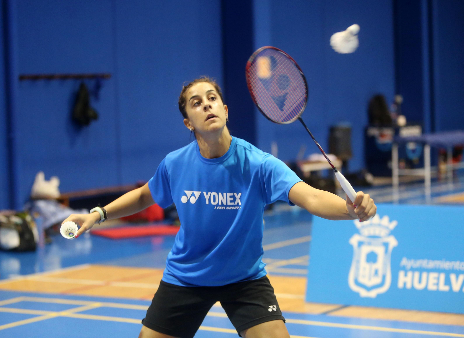 Carolina Marín, durante un entrenamiento en el anexo del Palacio de los Deportes.