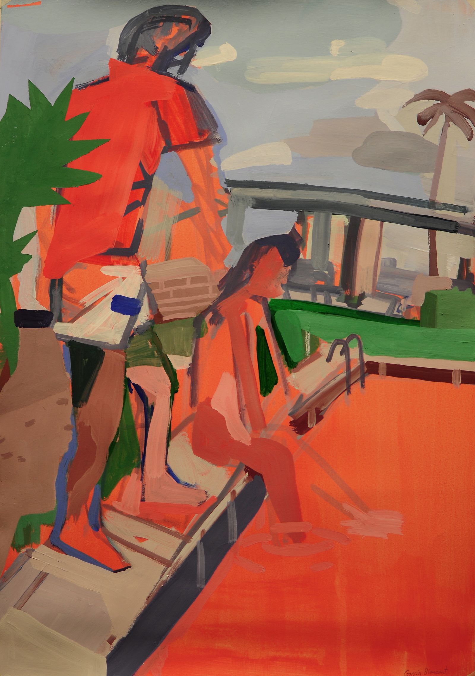 'Praia 6', la mujer en rojo sentada en el pretil de la piscin.