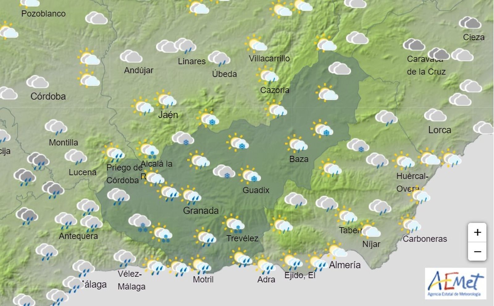 Filomena arrecia el fin de semana en Granada: alertas de nieve, lluvia y viento