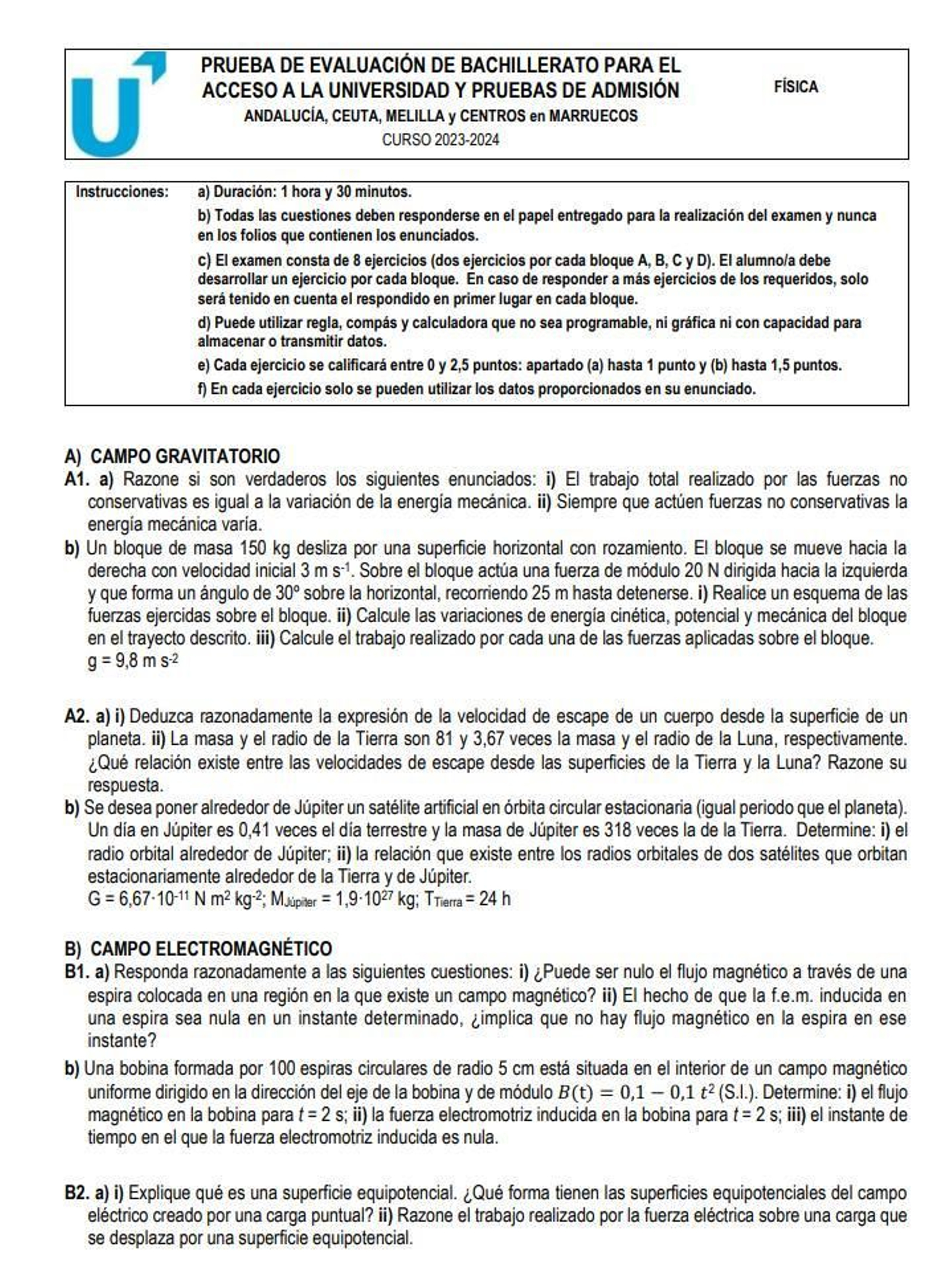 Bloques A y B del examen de Física