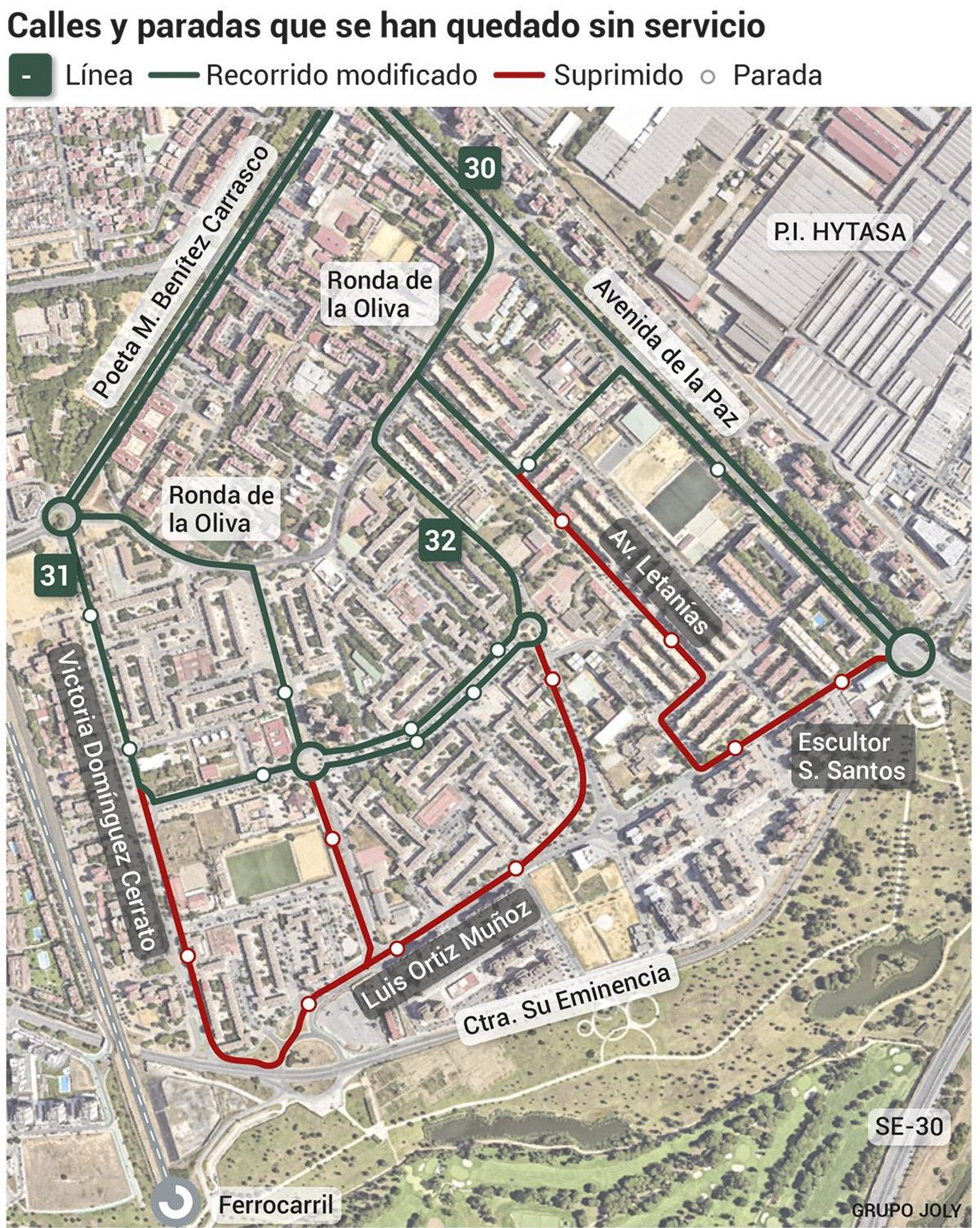 Mapa con las calles y paradas que han quedado sin servicio de autobús en Las Tres Mil Viviendas. Fuente: Tussam.
