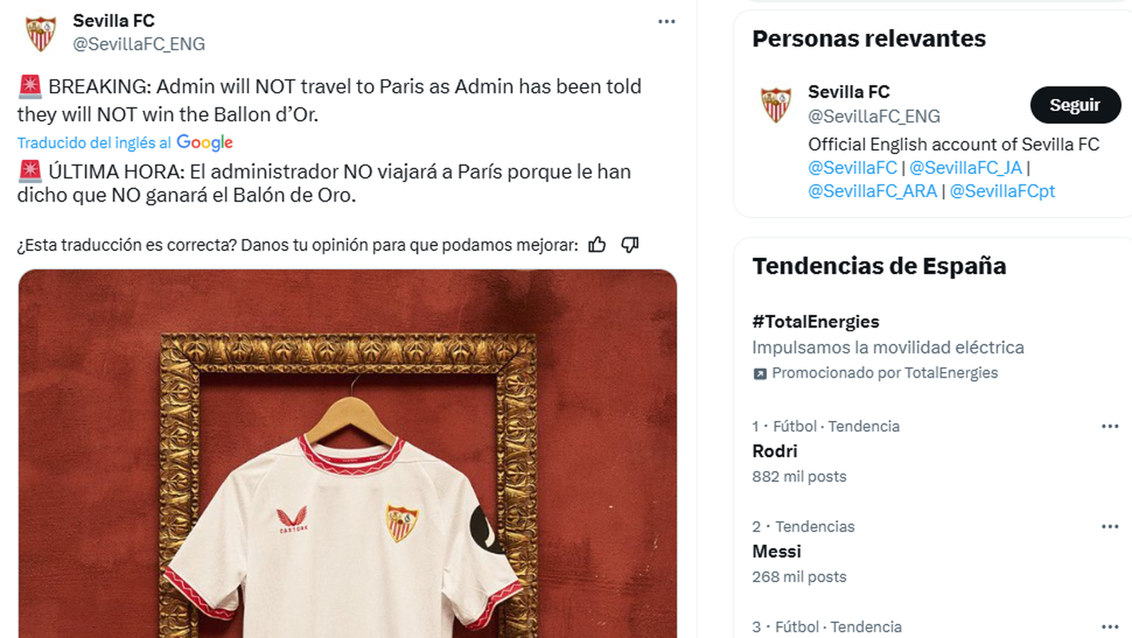 Captura del tuit ironizando sobre la ausencia del Madrid y de Vinicius en el Balón de Oro.