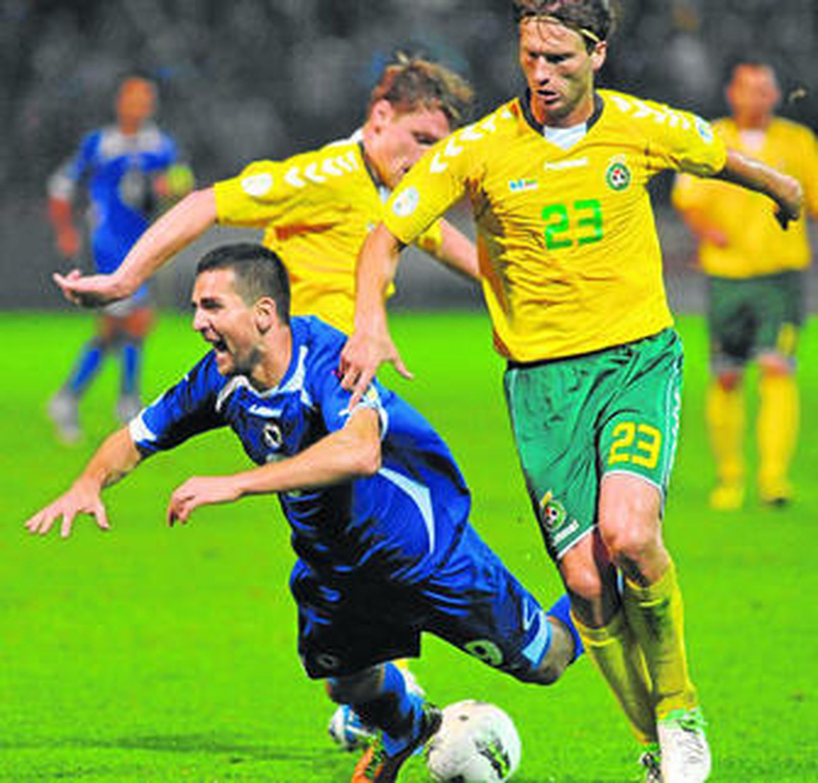 Stankevicius, con la selección e Lituania, pugna con el bosnio Ibisevic.