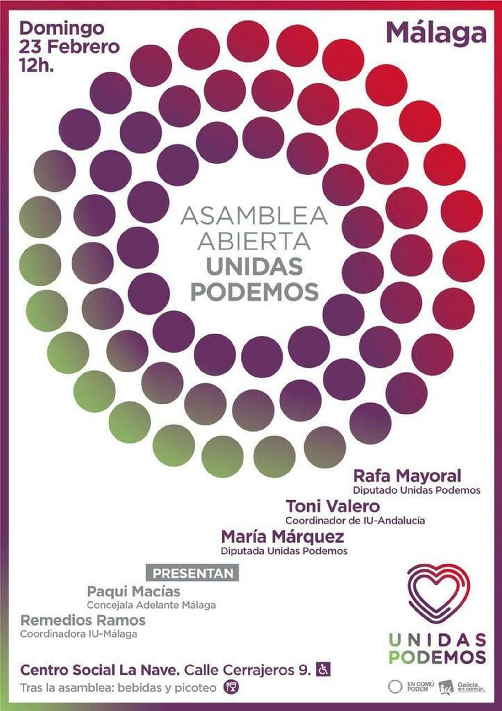 Convocatoria de una asamblea abierta de Unidas Podemos en Málaga.