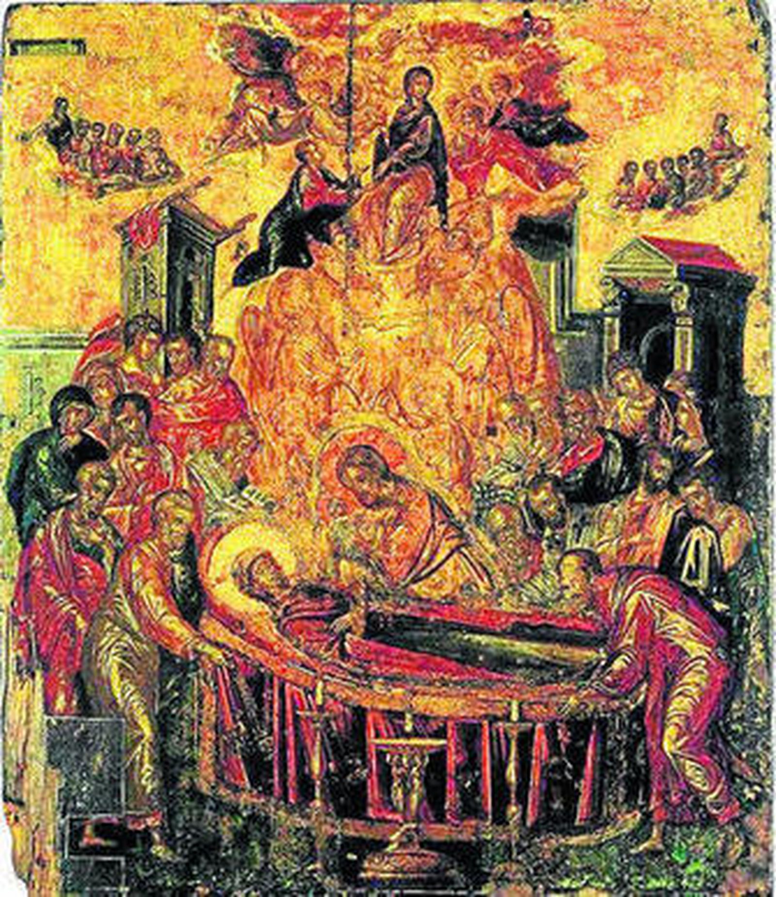 1. 'Dormición de la Virgen', obra llegada de la Iglesia de la Dormición de Ermópolis, en la isla griega de Syros. 2. 'San Pedro y San Pablo', llegará del Hermitage de San Petersburgo lapróxima semana. 3. 'El óleo 'La adoración de los pastores' pertenece a la colección del Museo del Prado. 4. 'El caballero de la mano en el pecho' es una de las pinturas más conocidas de El Greco. También se exbibe en El Prado y algunas teorías exponen que podría ser una configuración de Miguel de Cervantes.